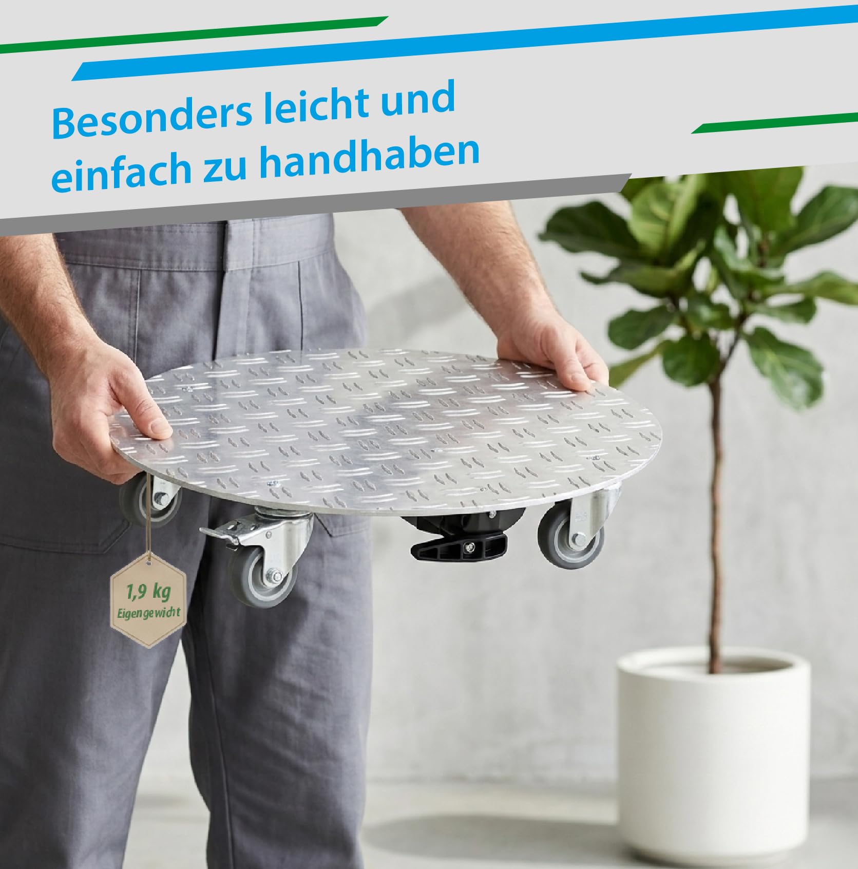 PlantMOVER Pflanzenroller mit Seilzug - 150kg Tragkraft 32,5cm rund - mit robusten Rollen - aus Aluminium-Riffelblech für besten Grip - Rollbrett für Pflanzen - Einfach ziehen Made in Germany