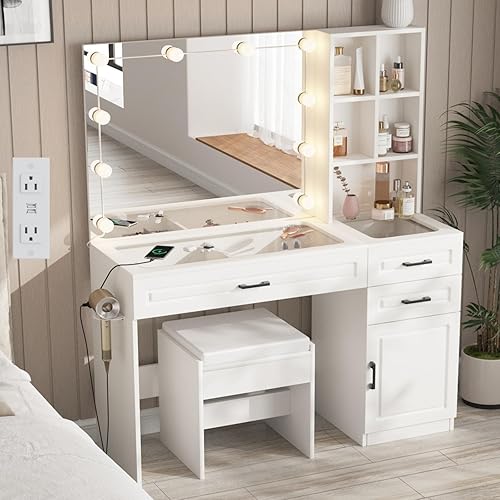 Fameill Vanity Desk with Mirror and Lights,Large Makeup Vanity with Glass top and Lots Storage,3 Drawer Vanity Set with Charging Station,3 Lighting Modes,White