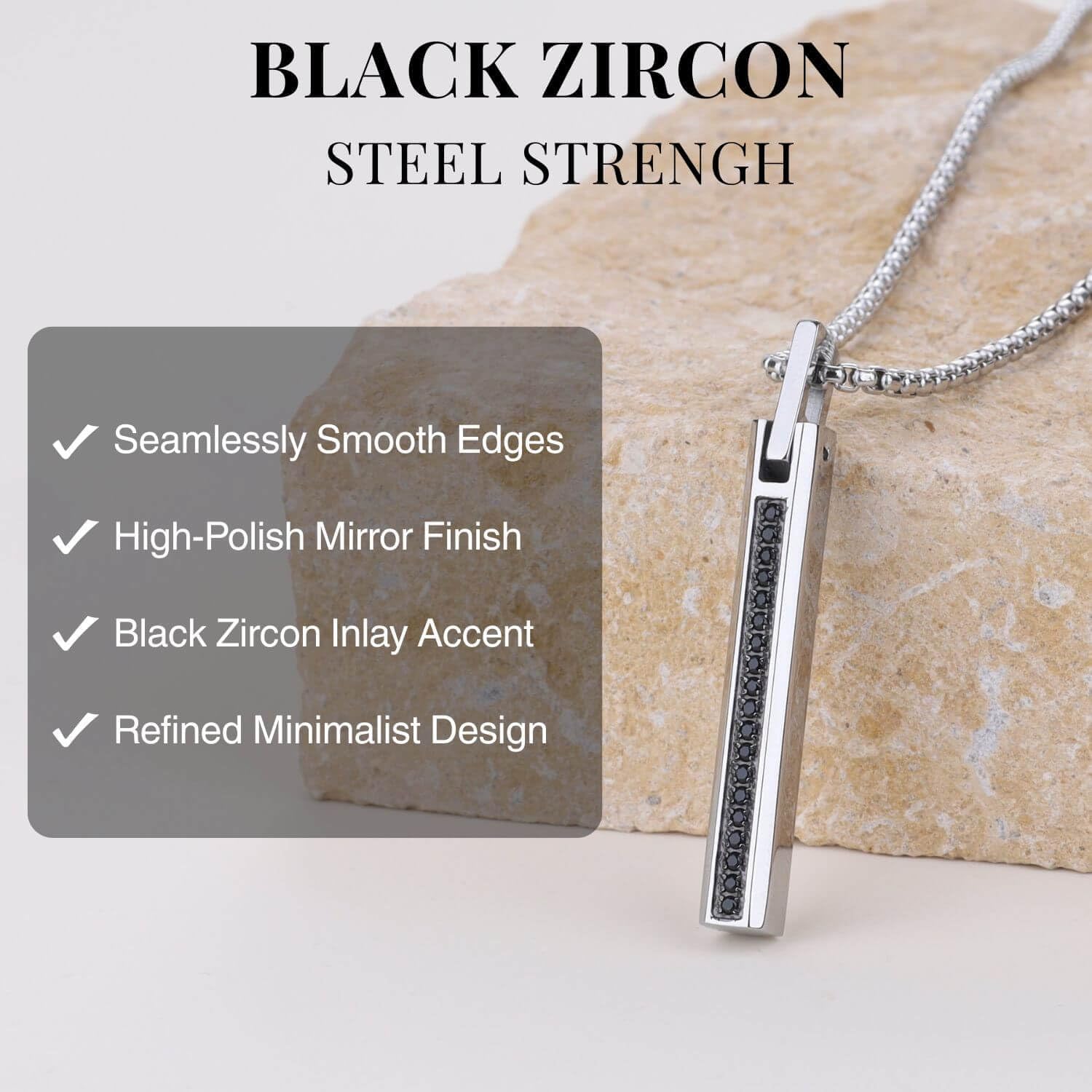 COAI CZ Paved Bar Pendant Necklace for Men, Stainless Steel Necklace for Men, 20-26" Box Chain - Image 3