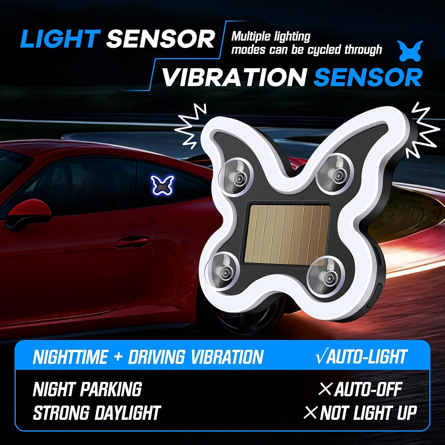Car Window Wireless LED Ambient Light Solar Powered Butterfly Shaped Neon Lamp for Night Driving Interior Decor Accessories Romantic Gift for Women Girl-Blue