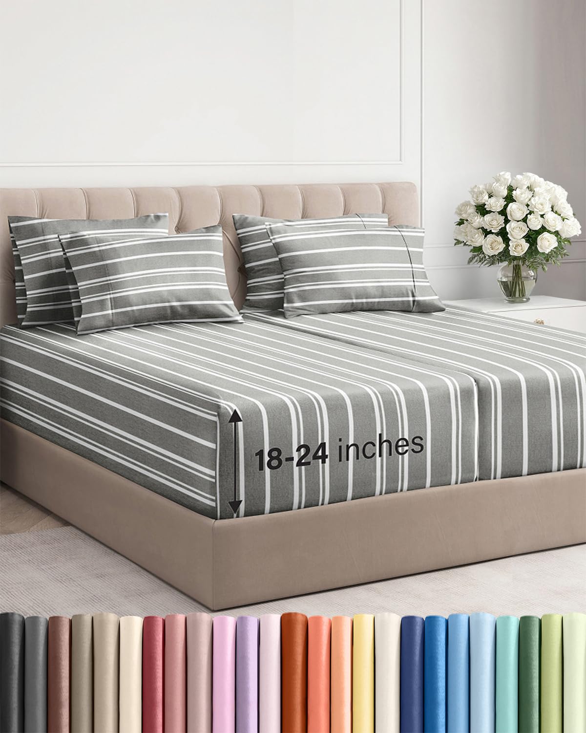 CGK Extra Deep Split King Sheet Set - 7pc Cooling Sheets - Grey Stripes