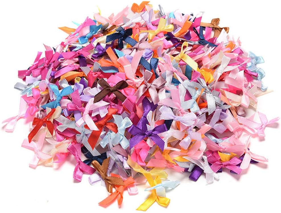 100Pcs Colorful Assorted Smallest Satin Ribbon Bows Size 10 mm. Tiny Embellishment Craft Artificial Applique Wedding Ribbons Fabric Ribbons