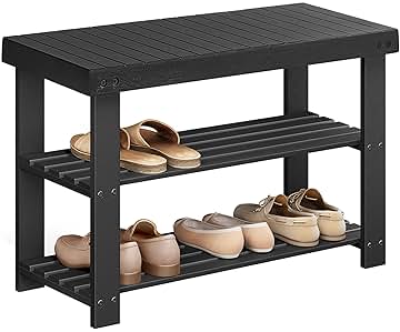 SONGMICS Shoe Rack Bench, 3-Tier Bamboo Shoe Storage Organizer, Entryway Bench, Holds Up to 286 lb, 11.3 x 27.6 x 17.8 Inches, for Entryway Bathroom Bedroom, Ink Black ULBS04H