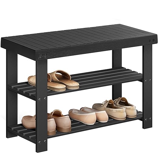 SONGMICS Shoe Rack Bench, 3-Tier Bamboo Shoe Storage Organizer, Entryway Bench, Holds Up to 286 lb, 11.3 x 27.6 x 17.8 Inches, for Entryway Bathroom Bedroom, Black ULBS04H