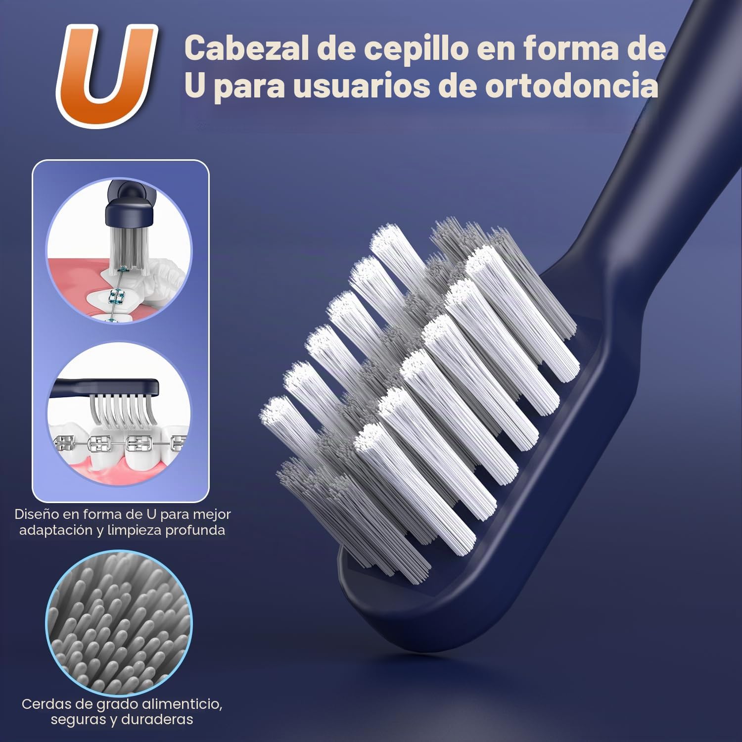 JTF Cepillo Dental Eléctrico para Ortodoncia, 6 Cabezales Suaves en Forma de U, 5 Modos, Temporizador 2 Min, IPX7, Limpieza Profunda(Azul Oscuro)