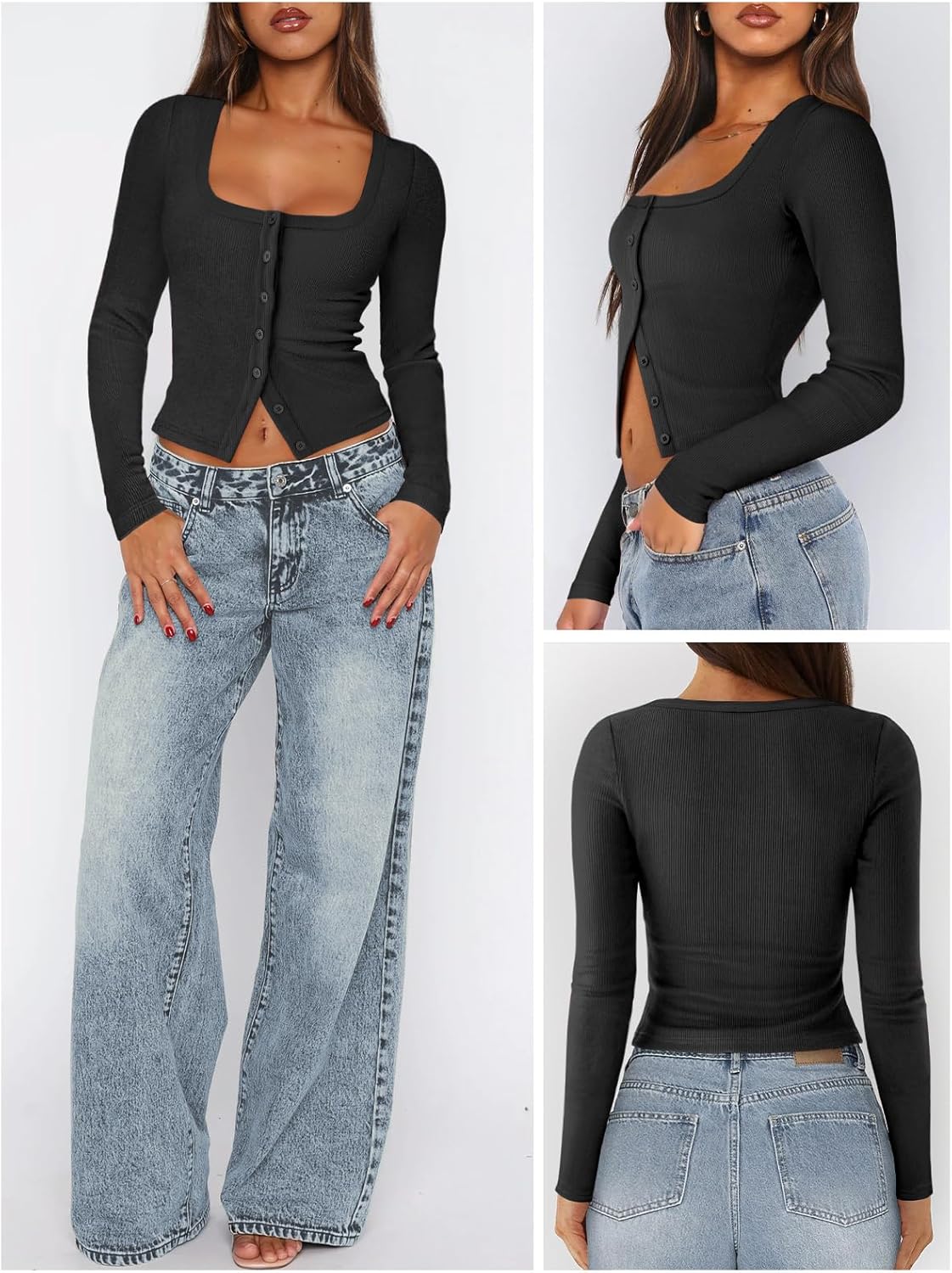 Womens Button Up Tops for Women Knit Ribbed Fitted Button Down Cardigan Long Sleeve Going Out Tops Fall Clothes - Image 2