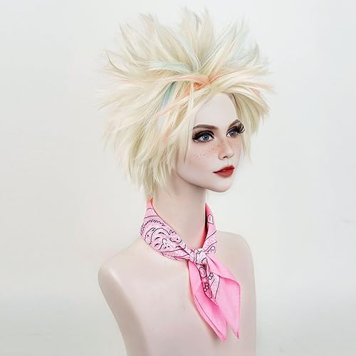 Miniatura 7 de Aicos Peluca corta de mezcla de rubio claro y rosa para mujer, disfraz de fiesta de Halloween, esponjoso, con puntas y gorra de peluca