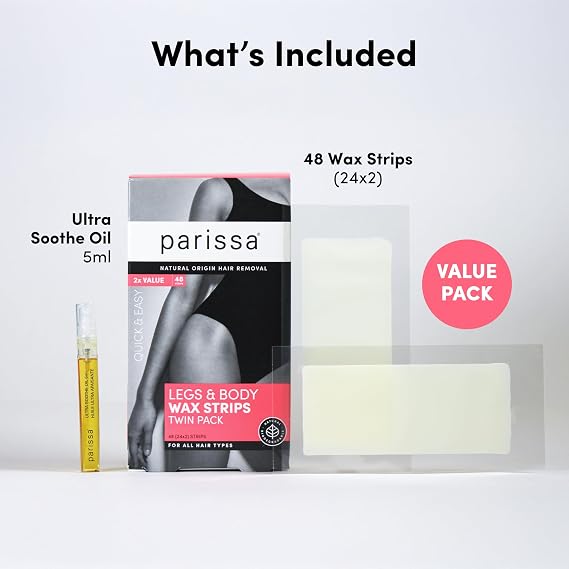 Parissa Natural Legs & Body Wax Strips | Large Ready-to-Use Strips, Beginner-Friendly & Gentle on Sensitive Skin | Includes Post-Wax Ultra Soothe Oil | 48 Strips (24 x 2)