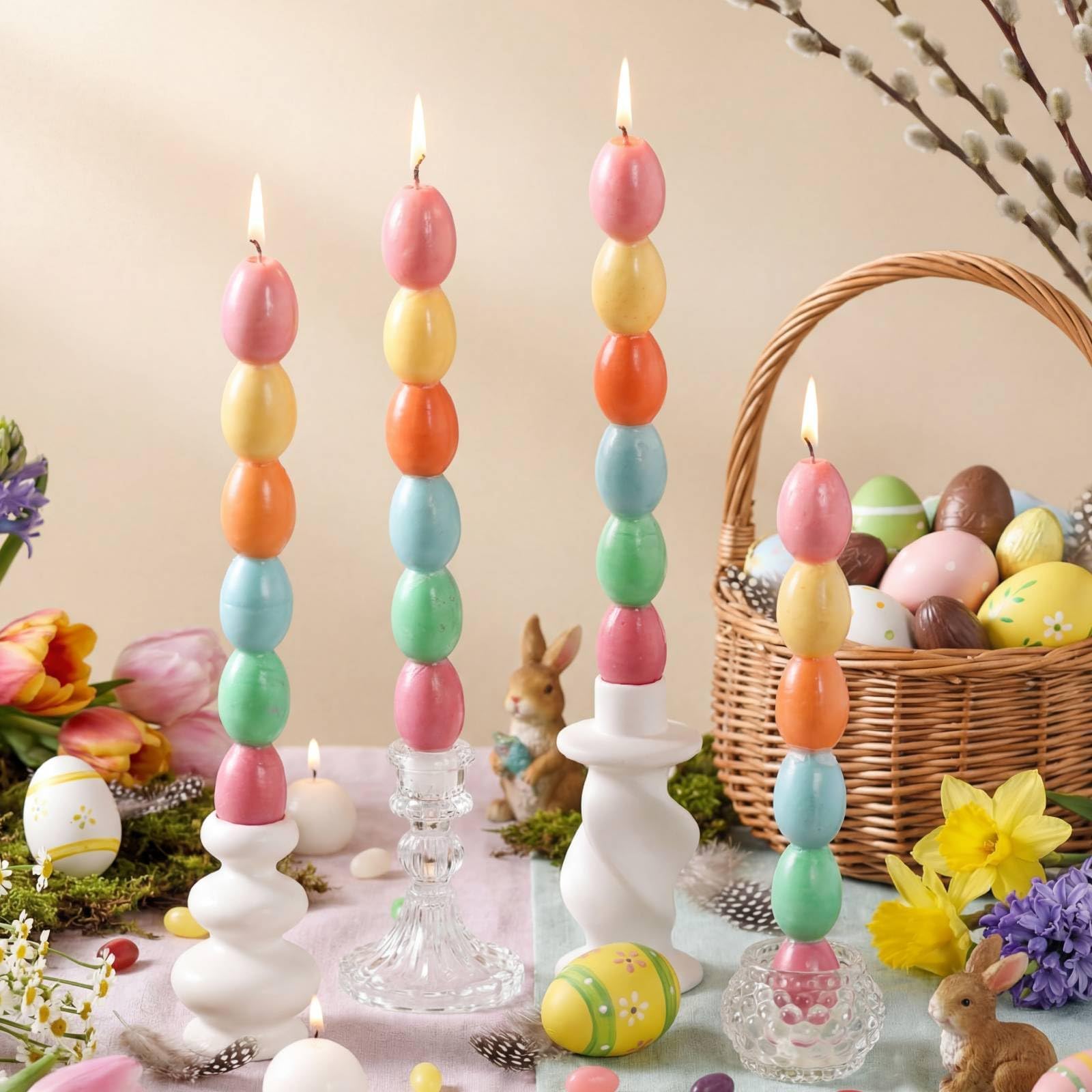 4 Pieces Easter Eggs Candles Spring Taper Candles Pastel Macaron Egg Shaped Votive Candle for Easter Table Decoration Dinner Party Holiday Decor Basket Stuffer