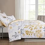 SLEEPBELLA Comforter King Size, 600 Thread Count Cotton Grey Branch with Yellow Flower & Grey Leaves Pattern Orange Reversible Comforter Set,Down Alternative Bedding Set 3Pcs(King, Yellow Botanical)