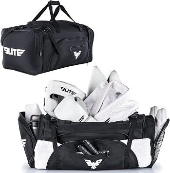 Elite Sports Monster MMA Duffel Bag Large 44L Cordura Sports Bag w/Mesh Shoe Compartment & Adjustable Strap MMA, BJJ, Martial Arts Gear Fits Gi, Headgear, Shin Guards, Rash Guards & More