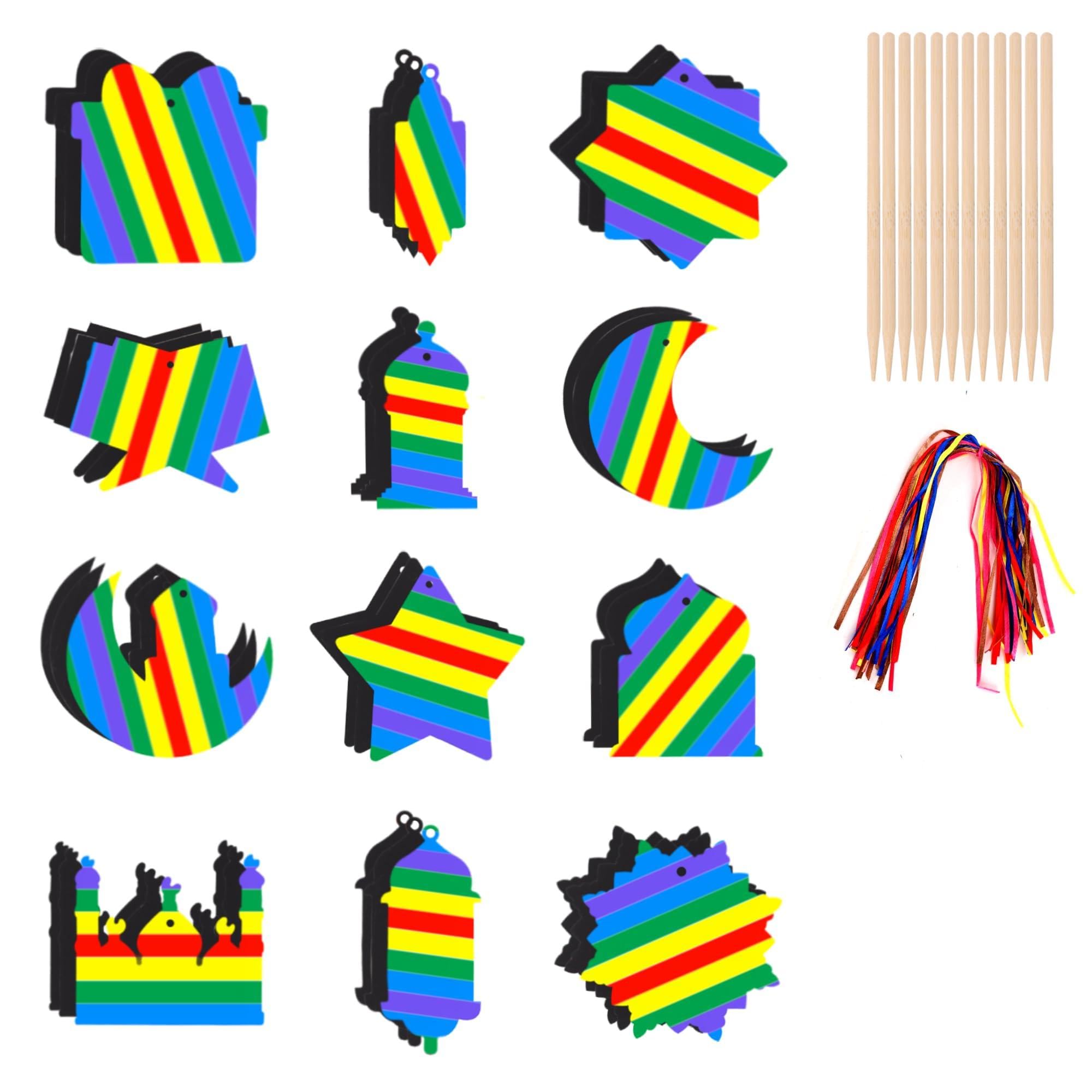36 PCS Ramadan Eid Scratch Art for Kids Ramadan Lantern Moon Star Castle Shaped Rainbow Paper Eid Mubarak Decorations with Ribbon