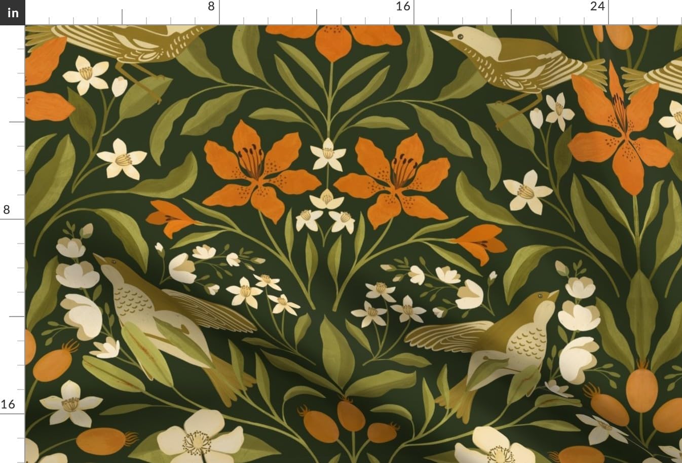 Spoonflower Fabric - Jumbo Floral Green Leaves Orange Lily Flowers Birds Printed on Minky Fabric by The Yard - Sewing Baby Blankets Quilt Backing Plush