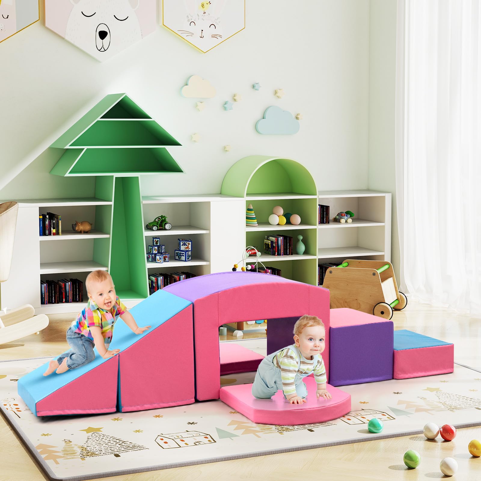 COSTWAY 7 TLG. Schaumstoffbausteine, Softbausteine mit Tunne, Treppe & Rampe, EN71-zertifiziert, Riesenbausteine zum Klettern & Toben, Großbausteine aus Schaumstoff Indoor für Kinder (Lila+Rosa)