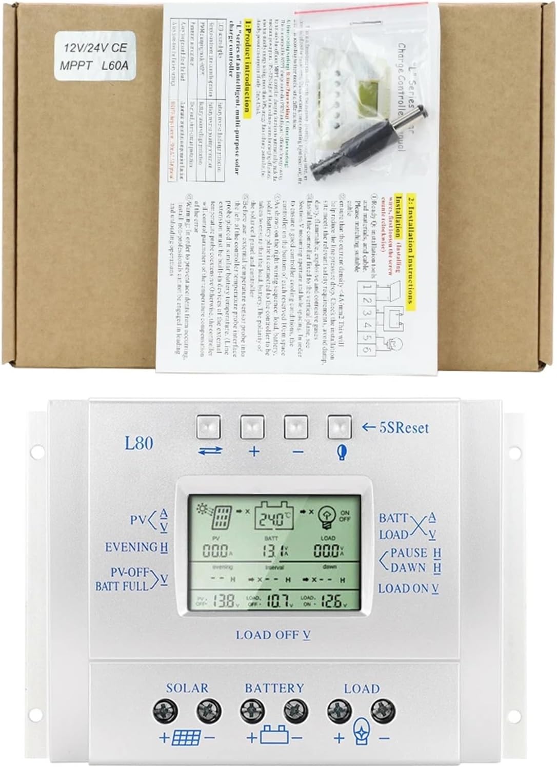 L Series Solar Charge Controller 60A 80A 12V 24V Auto Solar Panel Regulator for Max 50V Input All Data in One Display L60 L80(60A (L60))