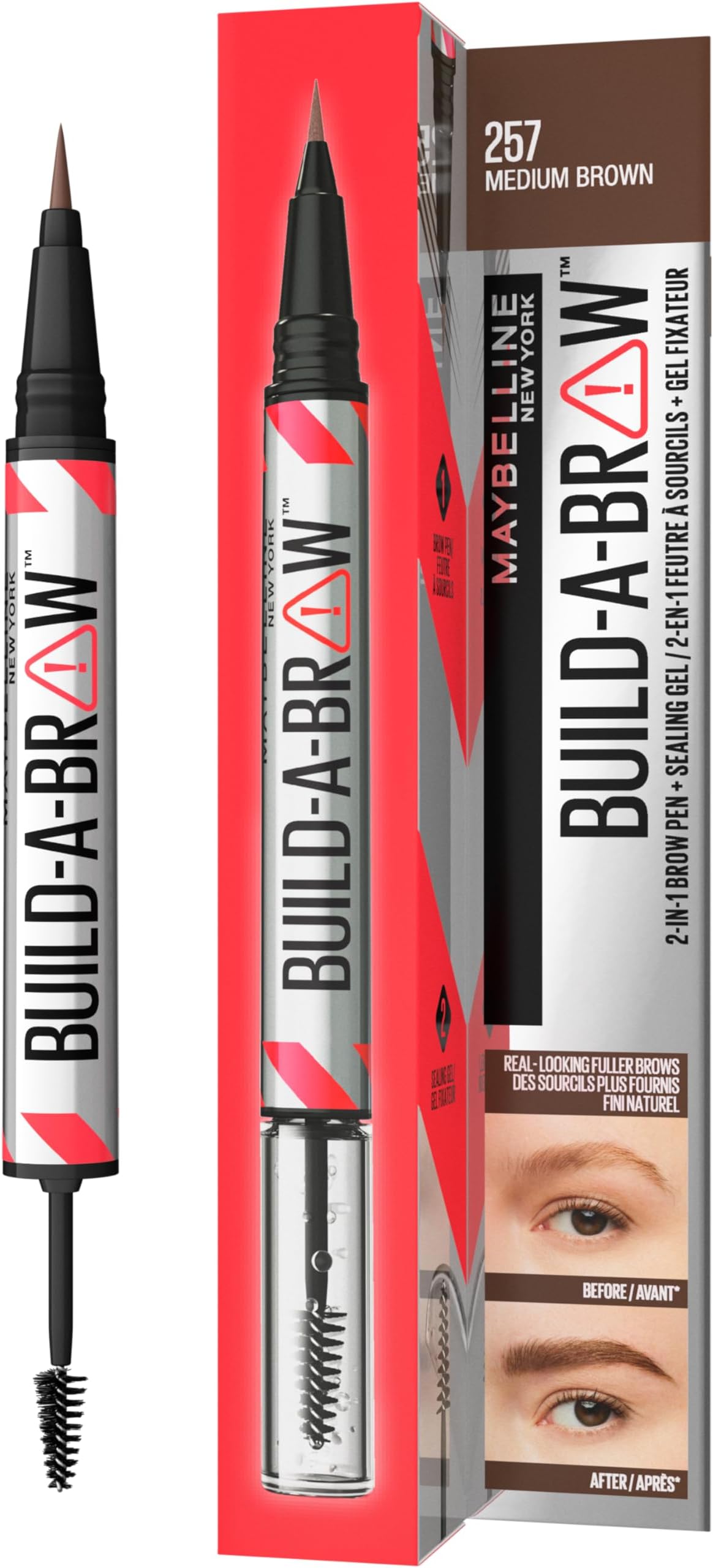 New York, Build A Brow: 2 in 1 Brow Pen + Sealing Gel, Real-looking, Fuller Brows, Waterproof, Sweat- & Smudge-resistant, 24H Wear, Vegan Formula, Shade 257: Medium Brown