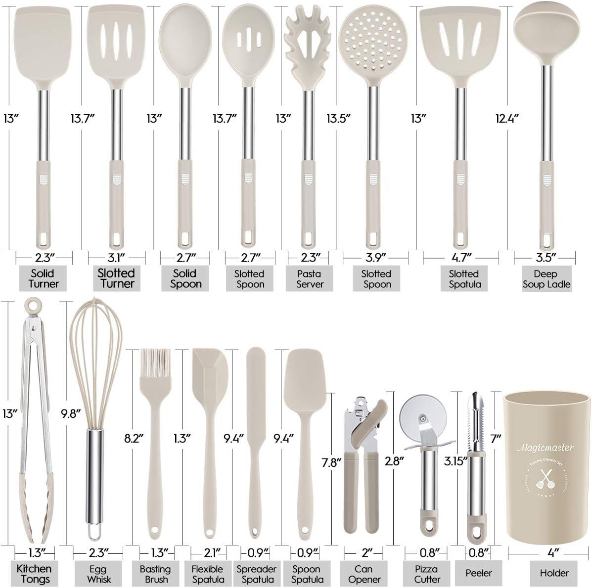 Silicone Utensil Set, 18pcs Kitchen Utensils Set with Holder, Stainless Steel Handles Nonstick Heat Resistant Silicone – BPA Free Non Toxic Kitchen Cooking Utensils Spatula Spoon Turner Tongs (Khaki)