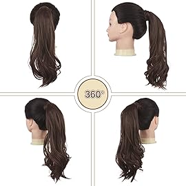 Sofeiyan Curly Ponytail Extension 15 Inch Heat Resistant Synthetic Natural Wavy Hairpiece Wrap Around Pony Tail Hair Extensions for White Black Women Hair Piece, Darkest Brown/Dark Auburn Mix