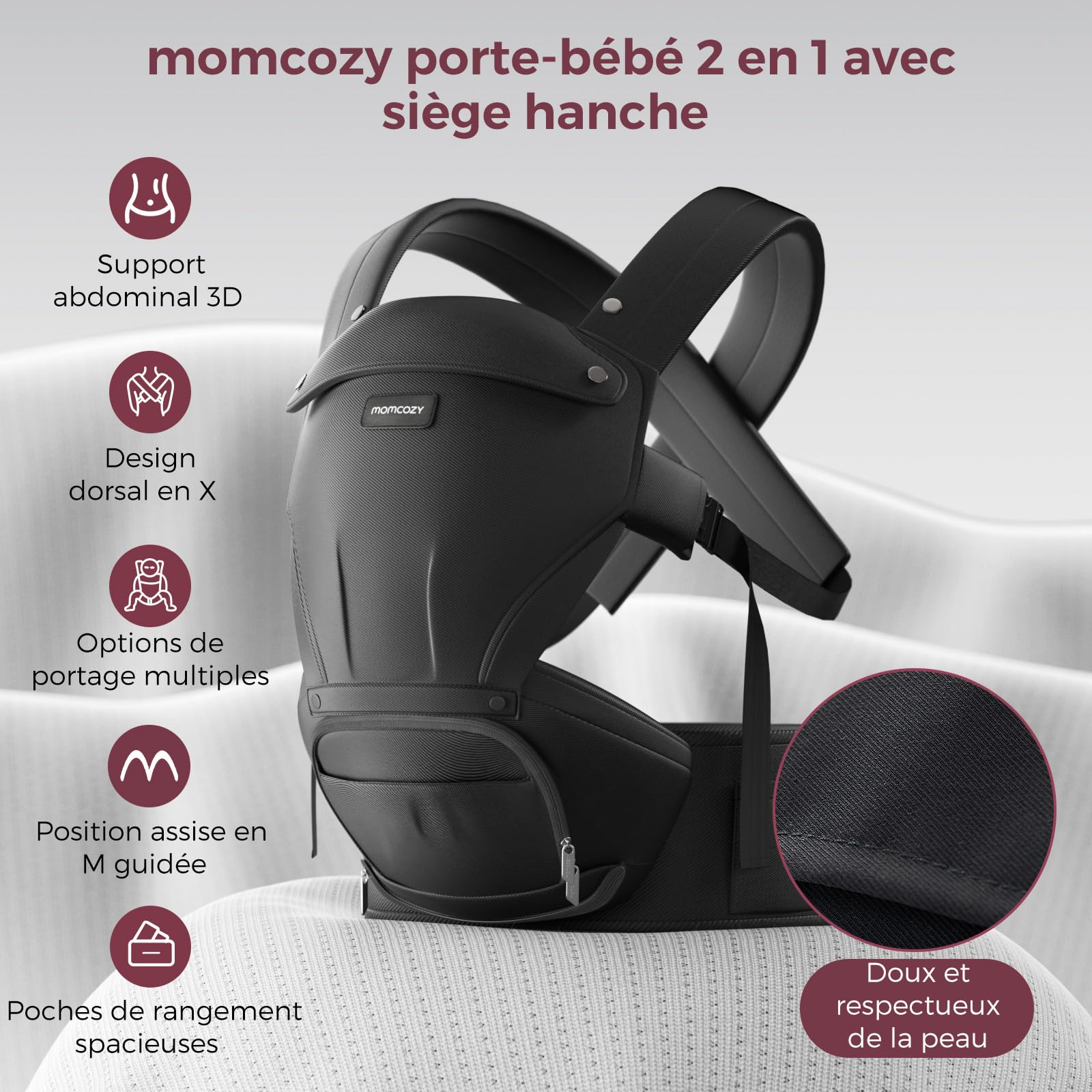 Momcozy Porte-bébé 2 en 1 avec coussin de hanche, réglable, amovible, jusqu'à 20 kg, respirant, soutien lombaire, noir