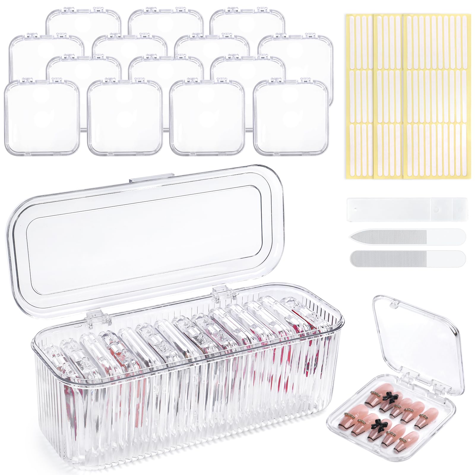 Boîtes pour ongles transparentes et 60 adhésifs pour ne plus jamais perdre vos faux ongles