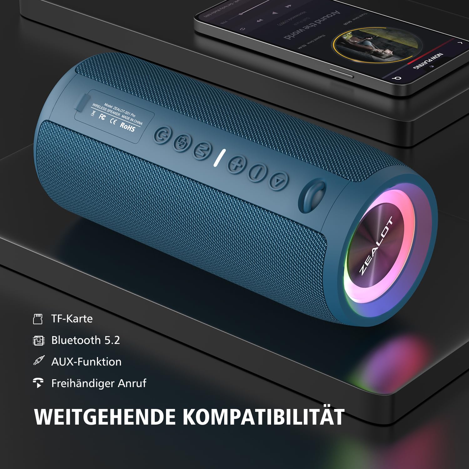 ZEALOT Bluetooth Lautsprecher mit Licht,Musikbox Tragbarer Blueooth Box,40W kraftvoller Stereo,Dual Pairing,AUX-Anschluss,USB,Micro SD/TF, Bluetooth 5.2 und IPX6 wasserdicht