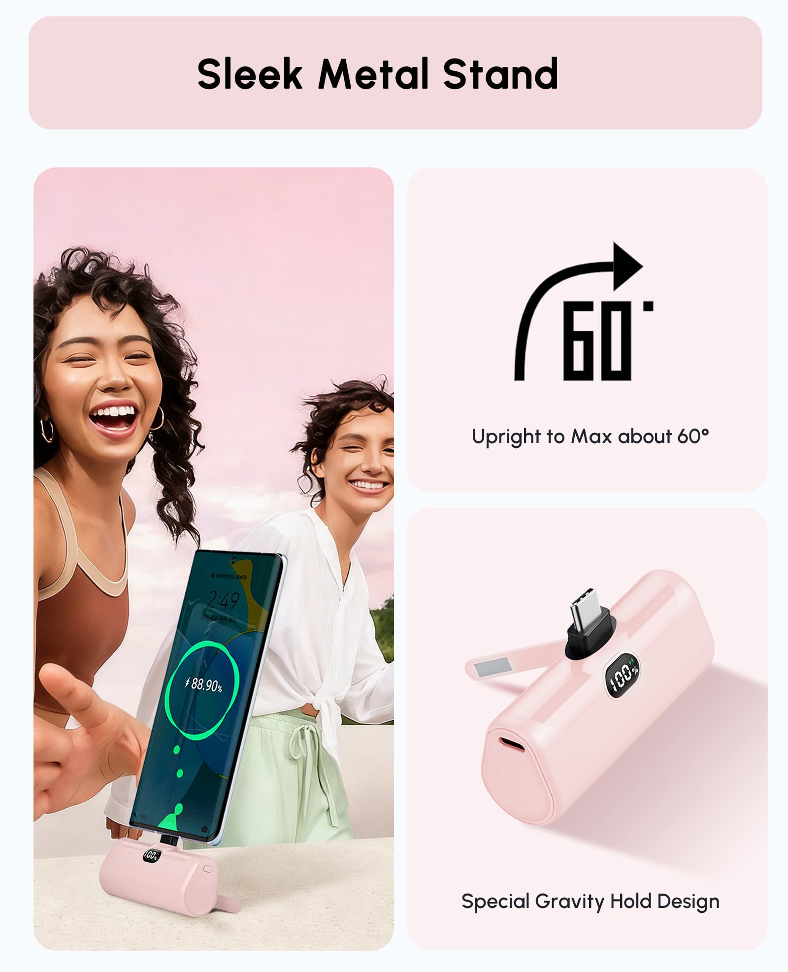 Caricabatterie portatile leggero USB C da 5000 mAh con cavalletto per iPhone 17, caricabatterie di tipo C con display digitale per iPhone 16/Samsung/telefoni Android, regalo rosa per i suoi telefoni
