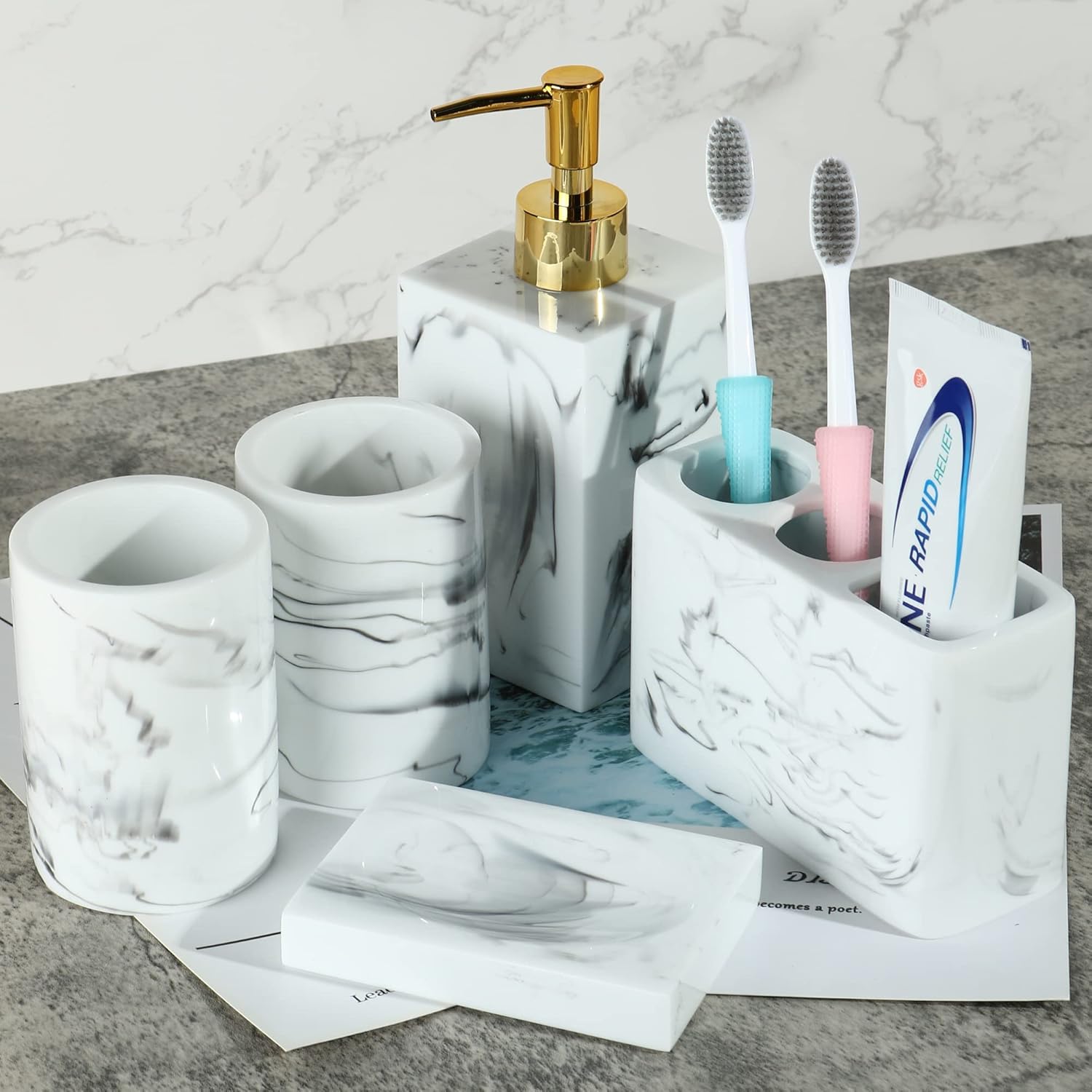 Bathroom Accessories Set, 5 Piece Black White Luxury Resin