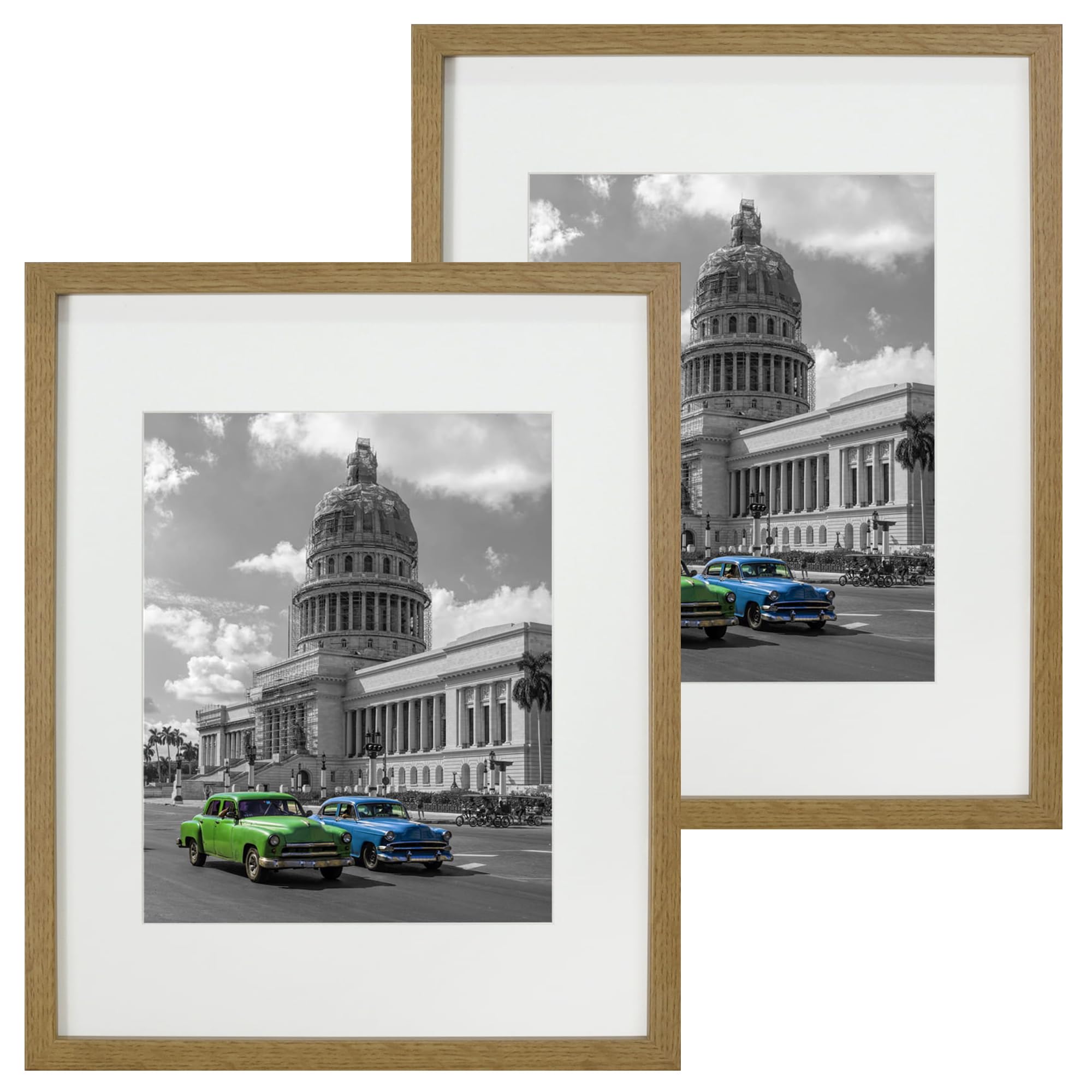 BD ART Frame Set 2 pack 11x14 Oak, solid MDF wooden frame, shatterproof plexiglass, for hanging, perfect for photos, collage, bedroom, double pack