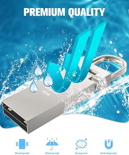 Miniatura 5 de MOSDART Paquete de 5 unidades flash USB 2.0 impermeables de 32 GB con llavero, unidades de pulgar FAT32 de 32 GB, unidad de salto de metal, memoria