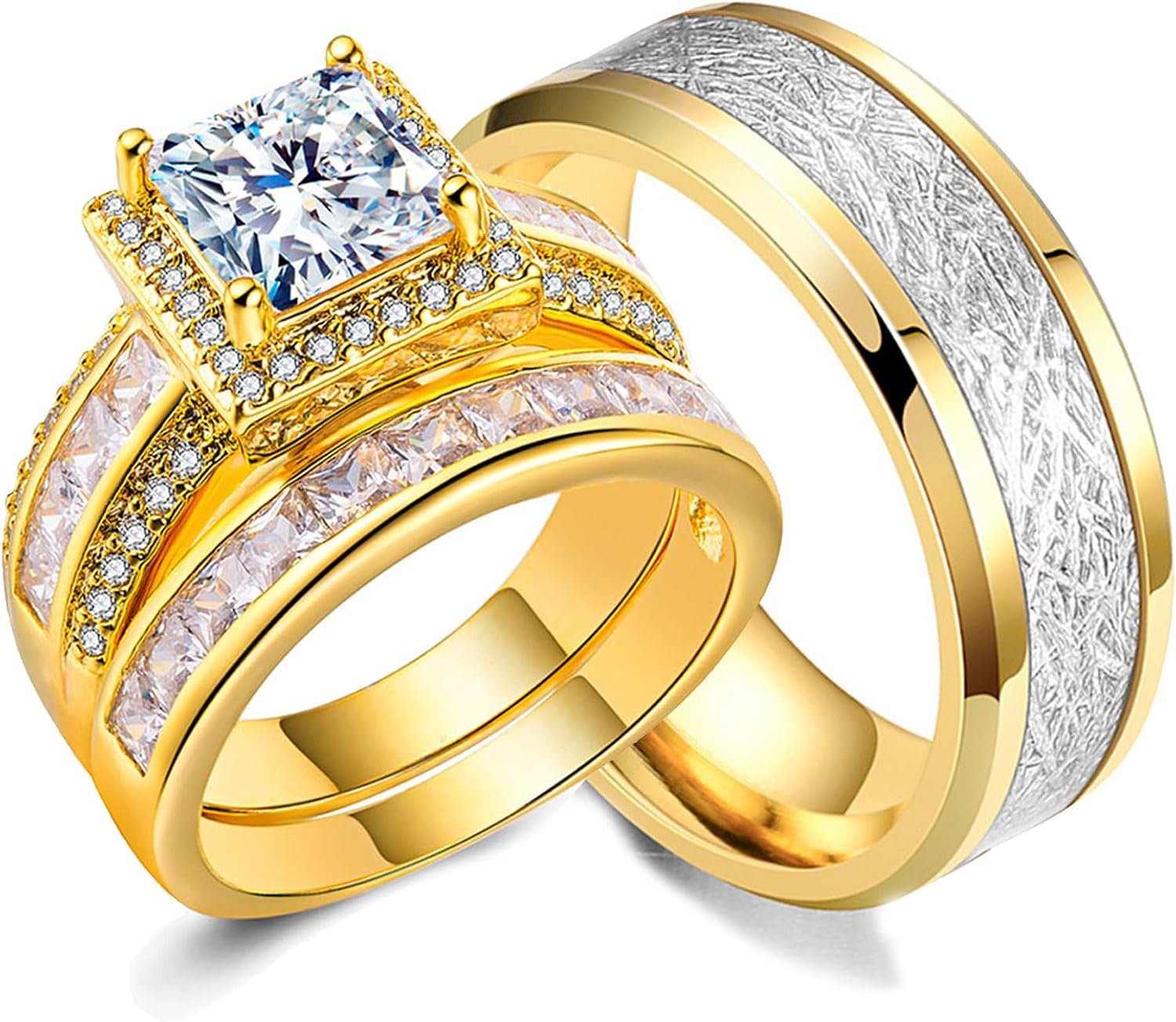 CEJUG 18K Gold Plated Wedding Bands Sets for Him and Her Wedding Rings Engagement Ring Bridal Ring Women Matching Men's CZ Titanium Band