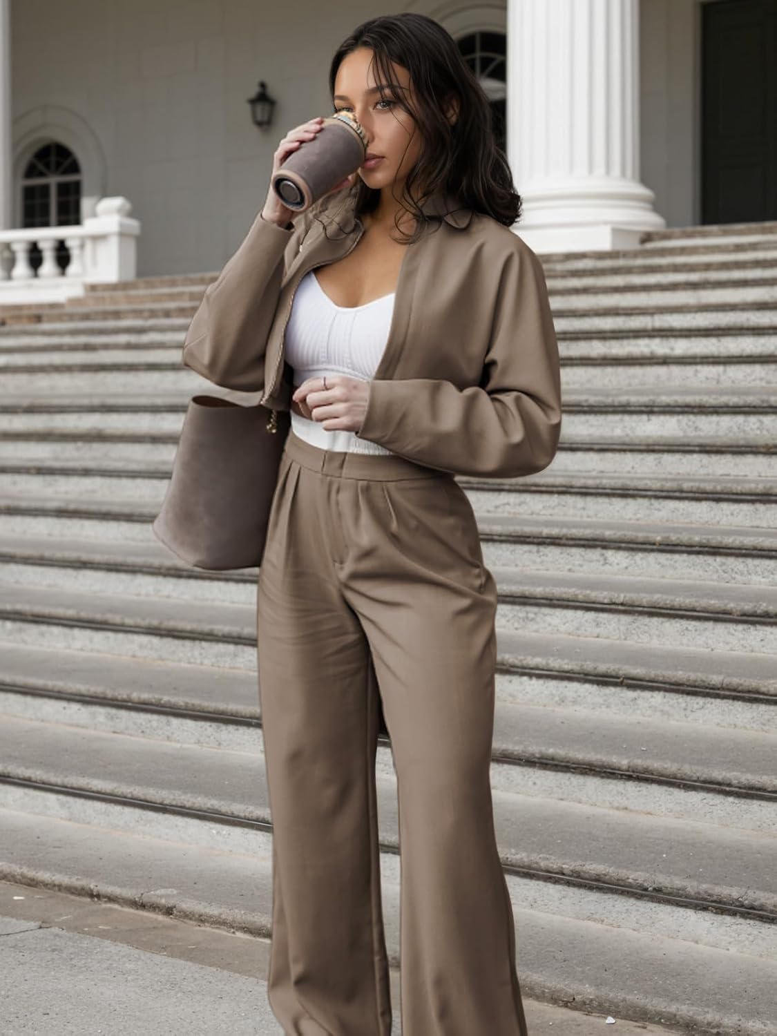 EXLURA Womens 2 Piece Outfits Long Sleeve Zip Up Crop Jackets Long Wide Leg Pant Suits Spring Airport Travel Matching Sets - Image 2