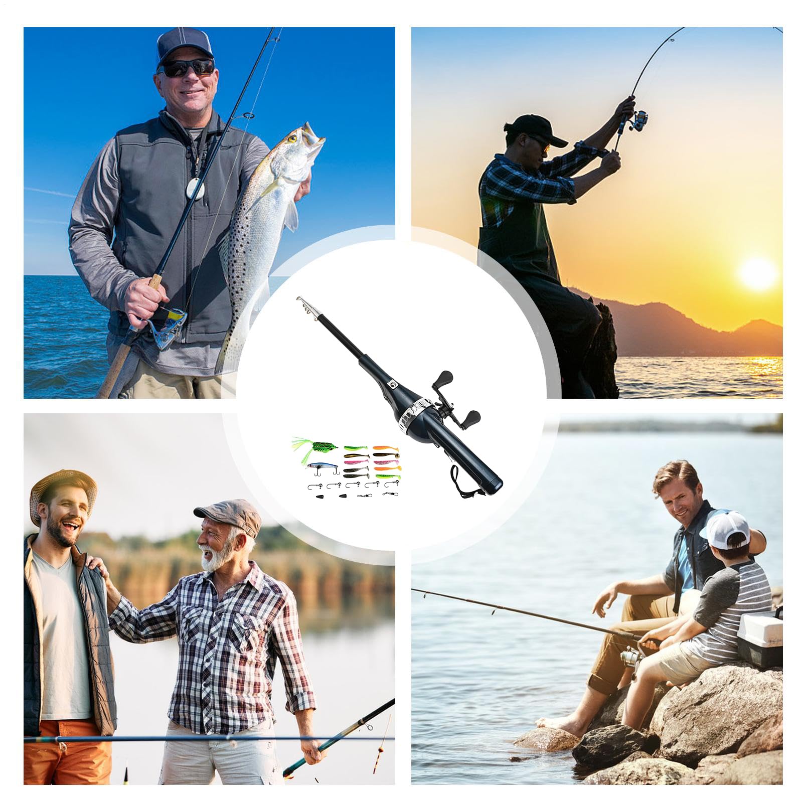 Equipo de pesca telescópica con aparejos y accesorios diversos