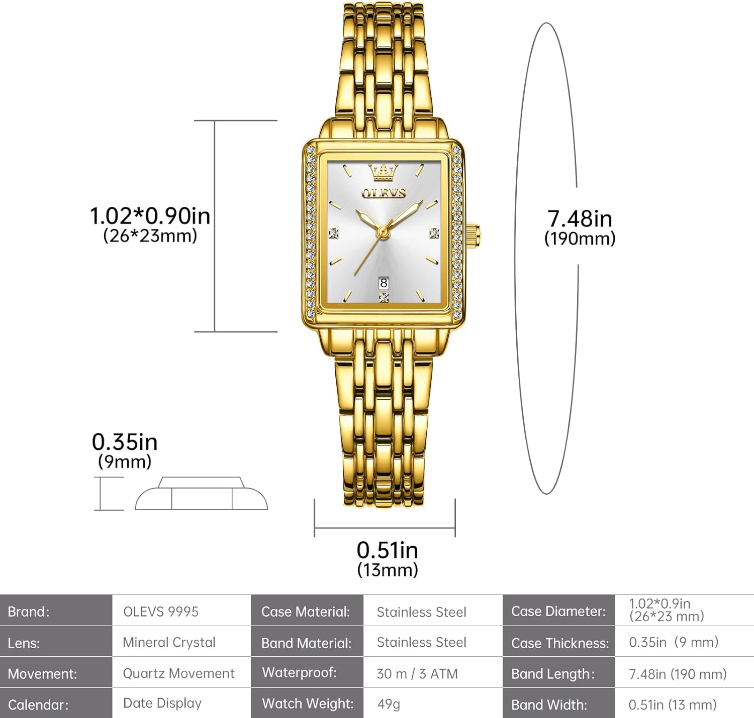 OLEVS Women's Gold Stainless Steel Watch, Small Square Face Diamond Decorated Ladies Watch, Luxury Analog Quartz Women Dress Watch, Fashion Calendar Date Waterproof Wrist Watch for Women - Image 6