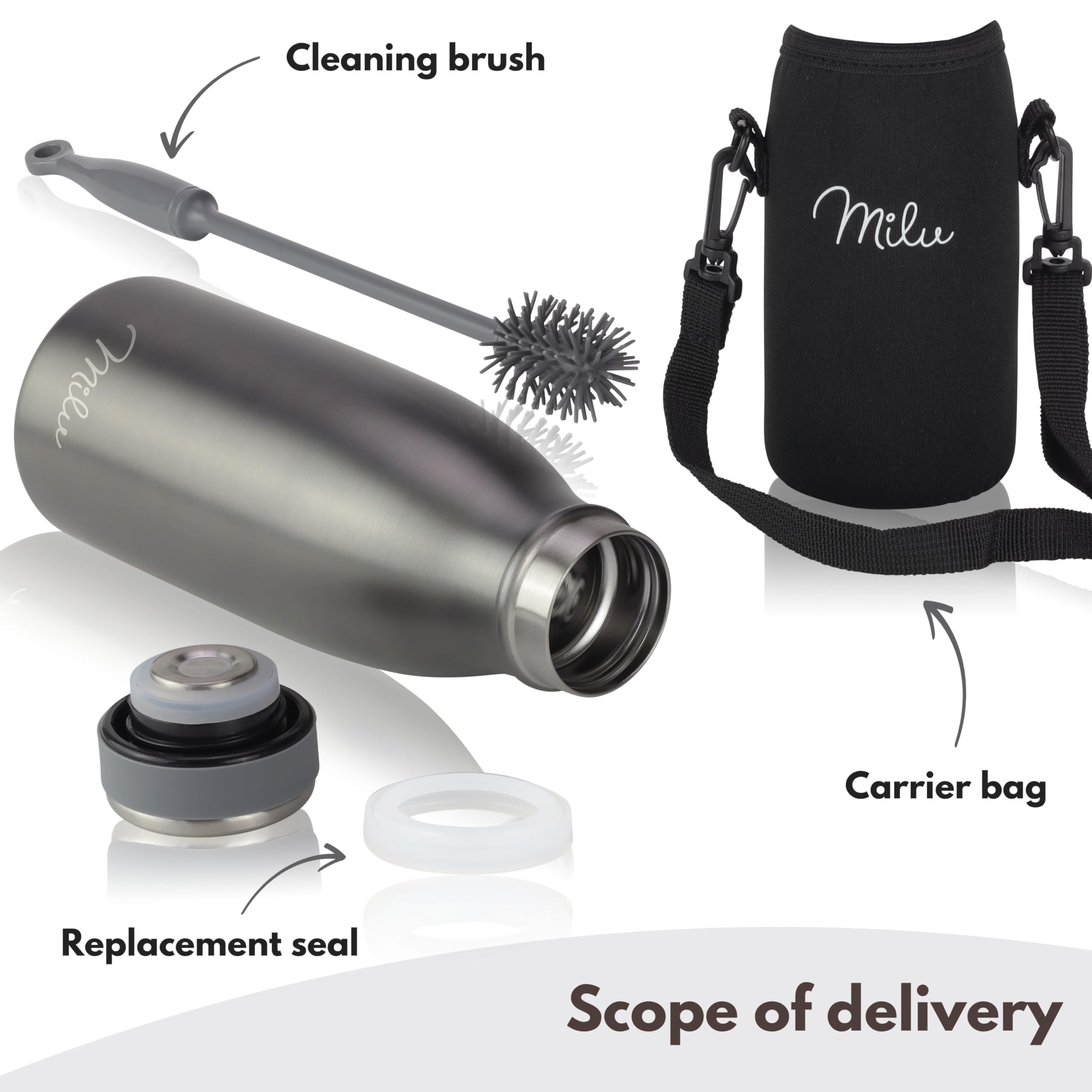 Milu Stainless Steel Drinking Bottle 350 ml - Insulated Thermo Flask for Water - Leak Proof, Insulated and Double Walled, Carbonated (Grey, 350 ml) — view 5
