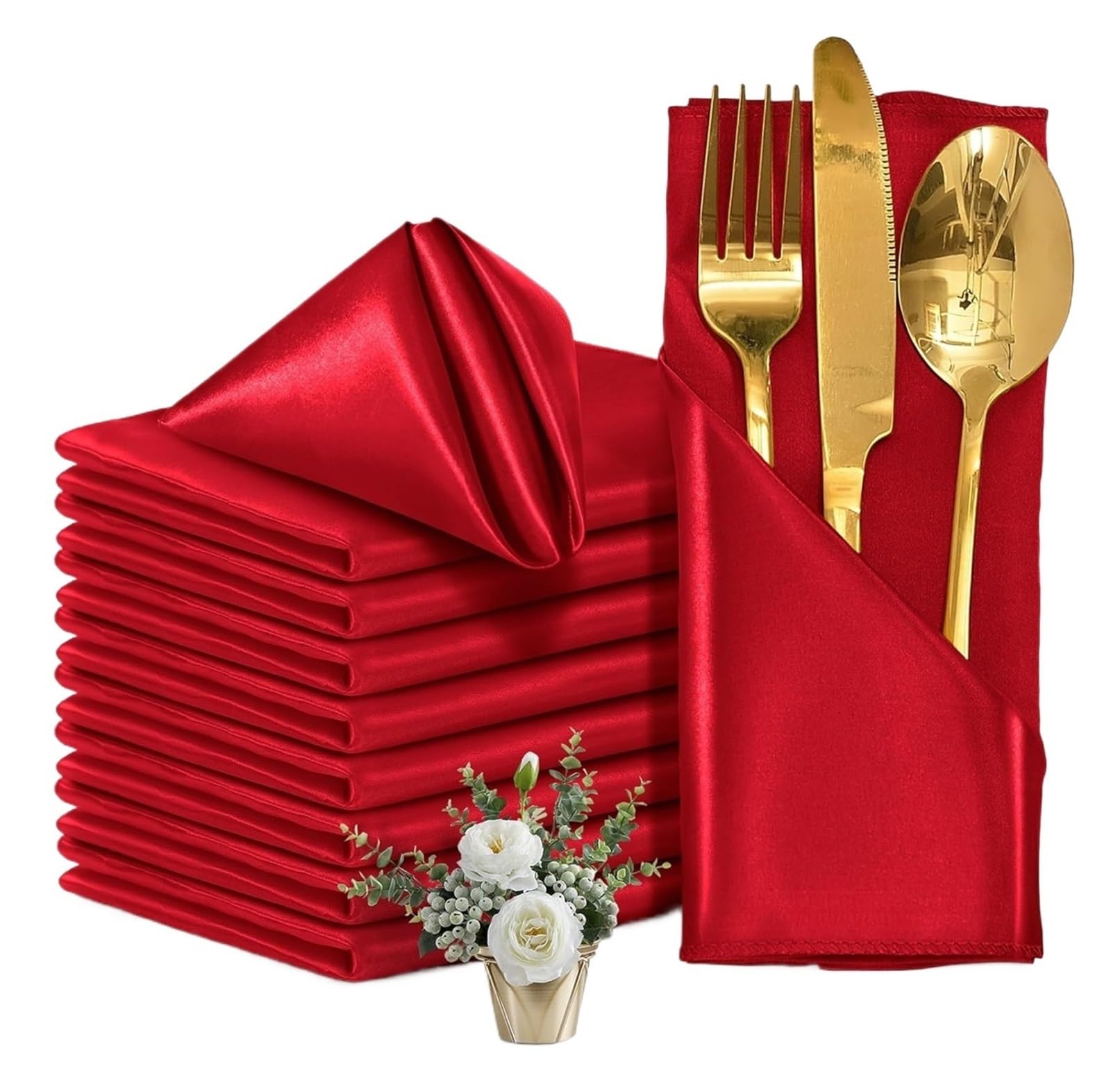 Satin Dinner Napkins 24 Pcs Satin Napkin 30x30cm Square Table Napkins for Dinner, Home, Wedding, Party Decor Silky Soft Smooth Washable Cloth(24Pcs Red)