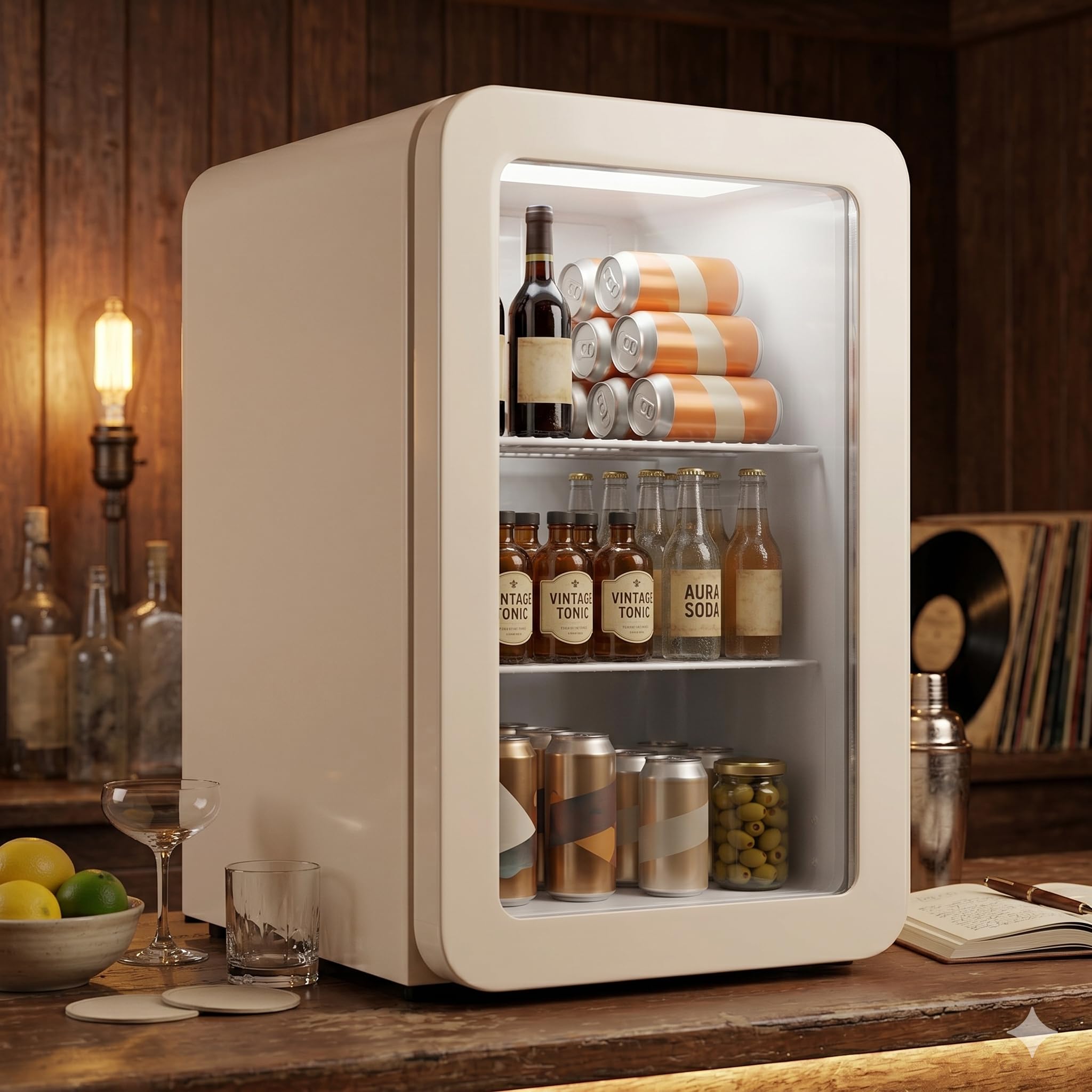 °CUBES Retro Kühlschrank 128L Creme – Leiser Getränkekühlschrank mit großem Stauraum für Küche, Büro, Kiosk & Gastronomie – Stilvolles Design für Home Office, Gaming Room & Hotel