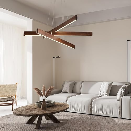 Miniatura 9 de Lámpara colgante lineal de 3 luces, lámpara para comedor, lámparas de araña LED modernas para sala de estar, lámpara de techo de madera regulable,
