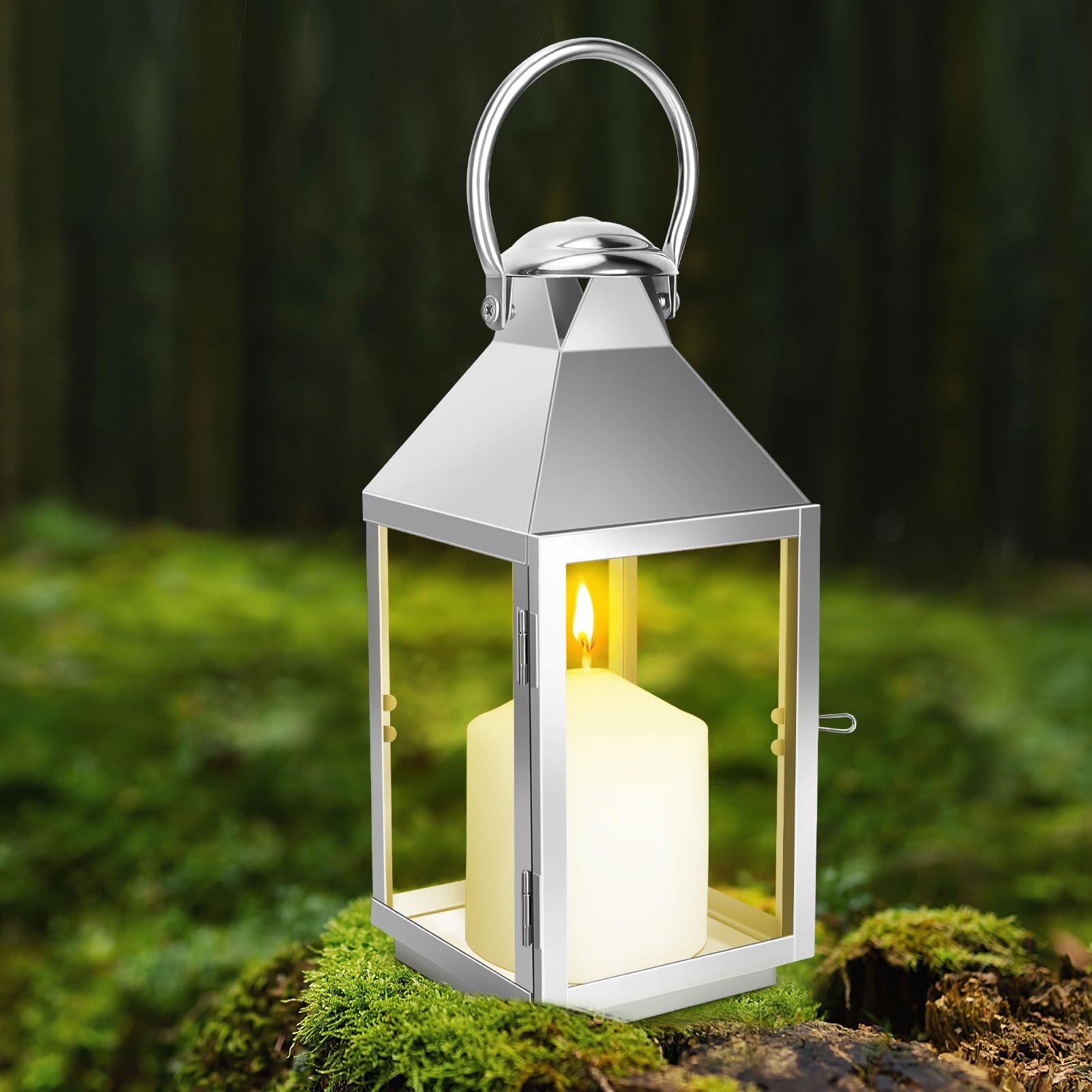 Laterne Silbrig Metall Kerzenlaterne 30cm Metall Laternen für draußen, Garten Outdoor Windlichter Wetterfest Kerzenlaterne Retro Halloween Weihnachten Friedhof Kerzenständer Kerzendeko (Silbrig S)