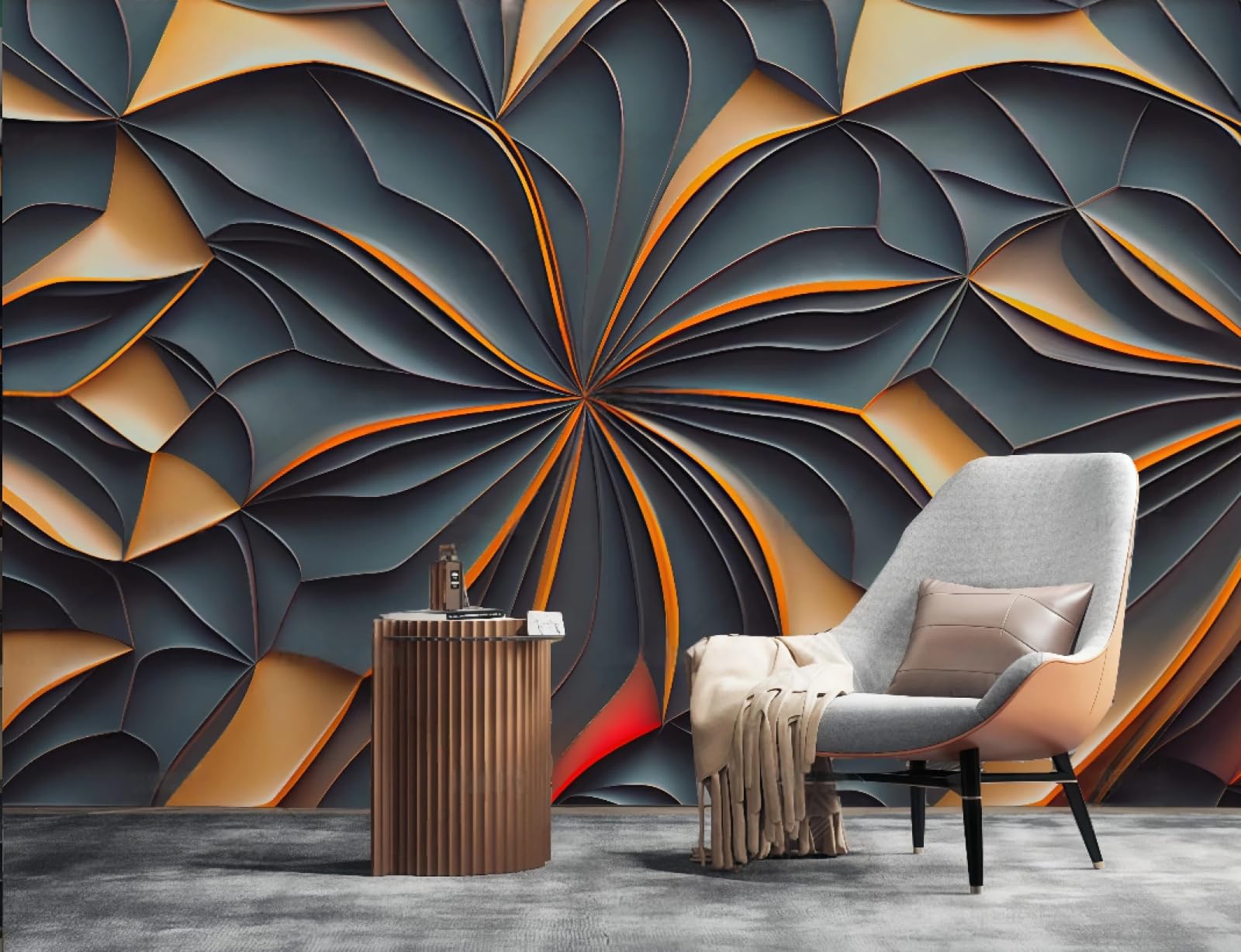 Tapeta sztuka nowoczesna linia pomarańczowy tłoczony kwiatowy ciemnozielony obraz marmurowy telewizor sofa tło tapeta ścienna salon restauracja kawiarnia, 3D, 250 x 175 cm