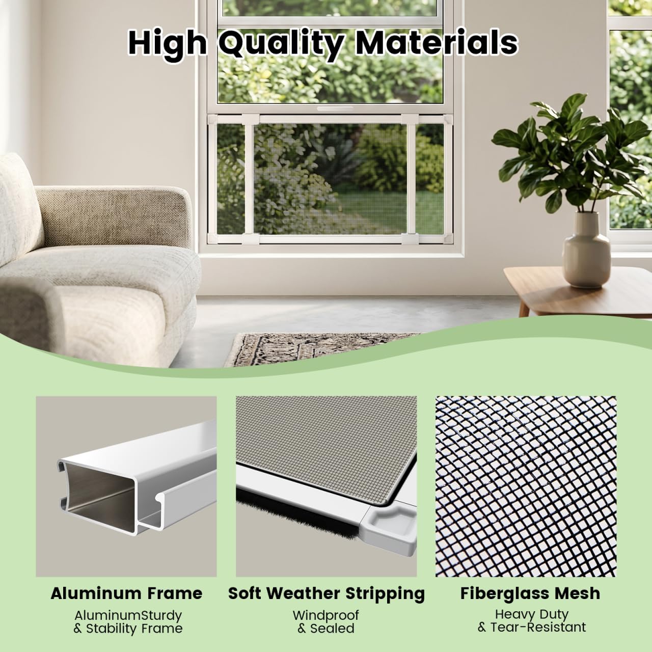 FLYZZZ Adjustable Window Screen for Hung Windows, White Expandable Horizontal Sliding Screen, 16" H x 21-40" W with Black Fiberglass Mesh Removable Window Screen Replacement,2-Pack