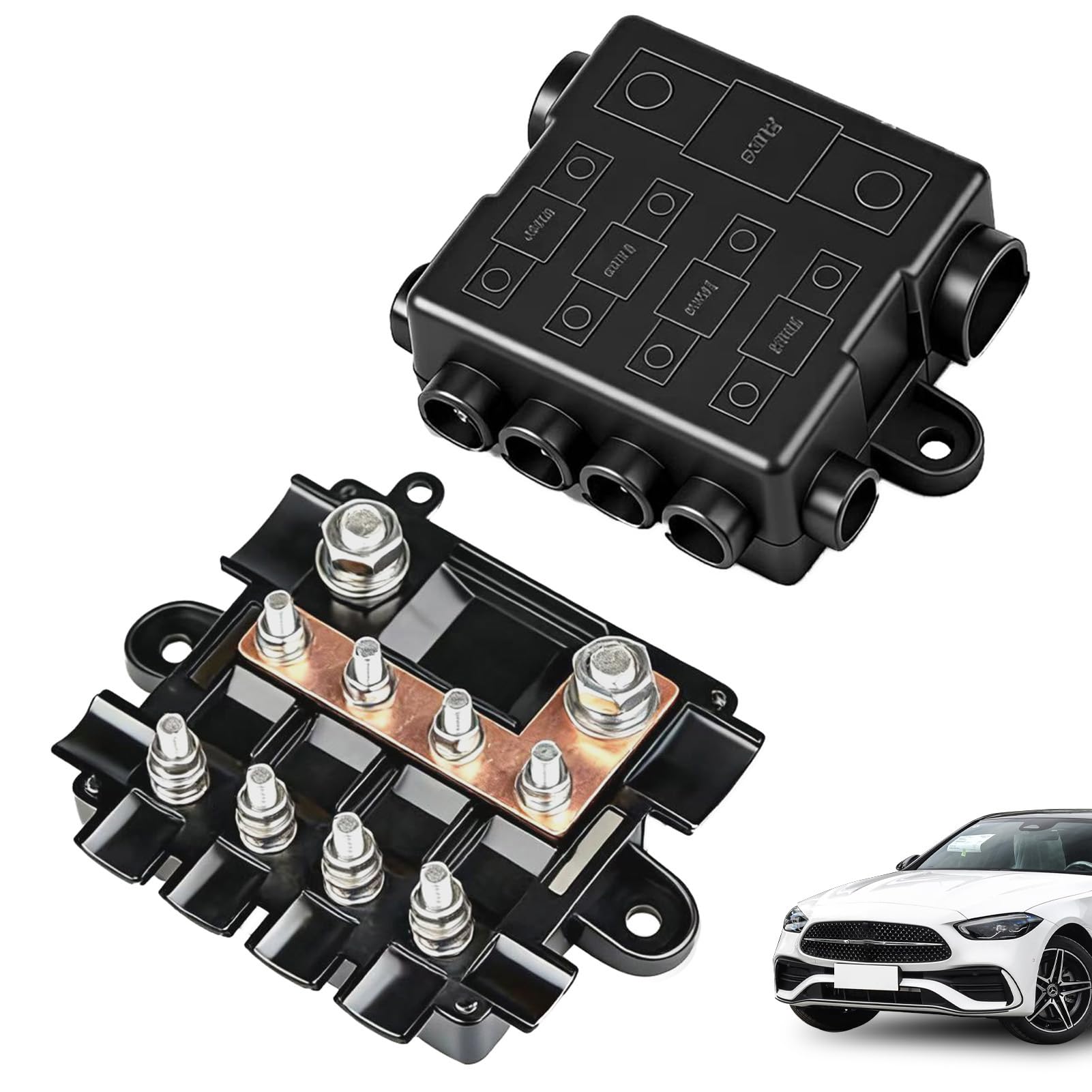 Sicherungshalter für 1X Mega + 4X Midi Sicherungen mit Busbar/Sammelschiene, Polyamid-Gehäuse mit Abdeckung – kompakte, sichere Stromverteilung für Hoch- & Mittelstromkreise in KFZ, Boot & Wohnmobil