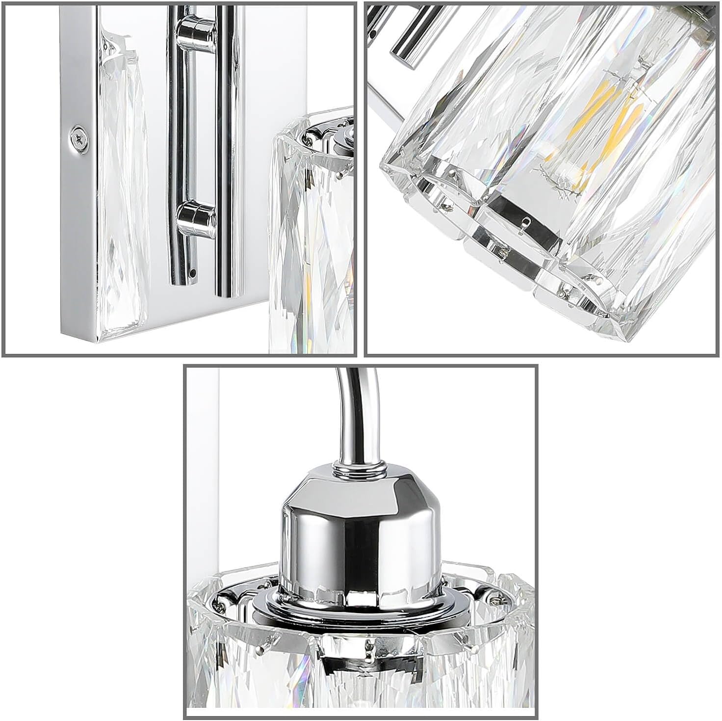 XiNBEi Lighting Bathroom Wall Sconce,1-Light Chrome Vanity Light with K9 Crystal Shade, Modern Wall Mount Light Fixtures for Bedroom Mirror Hallway XB-W326-1-CH