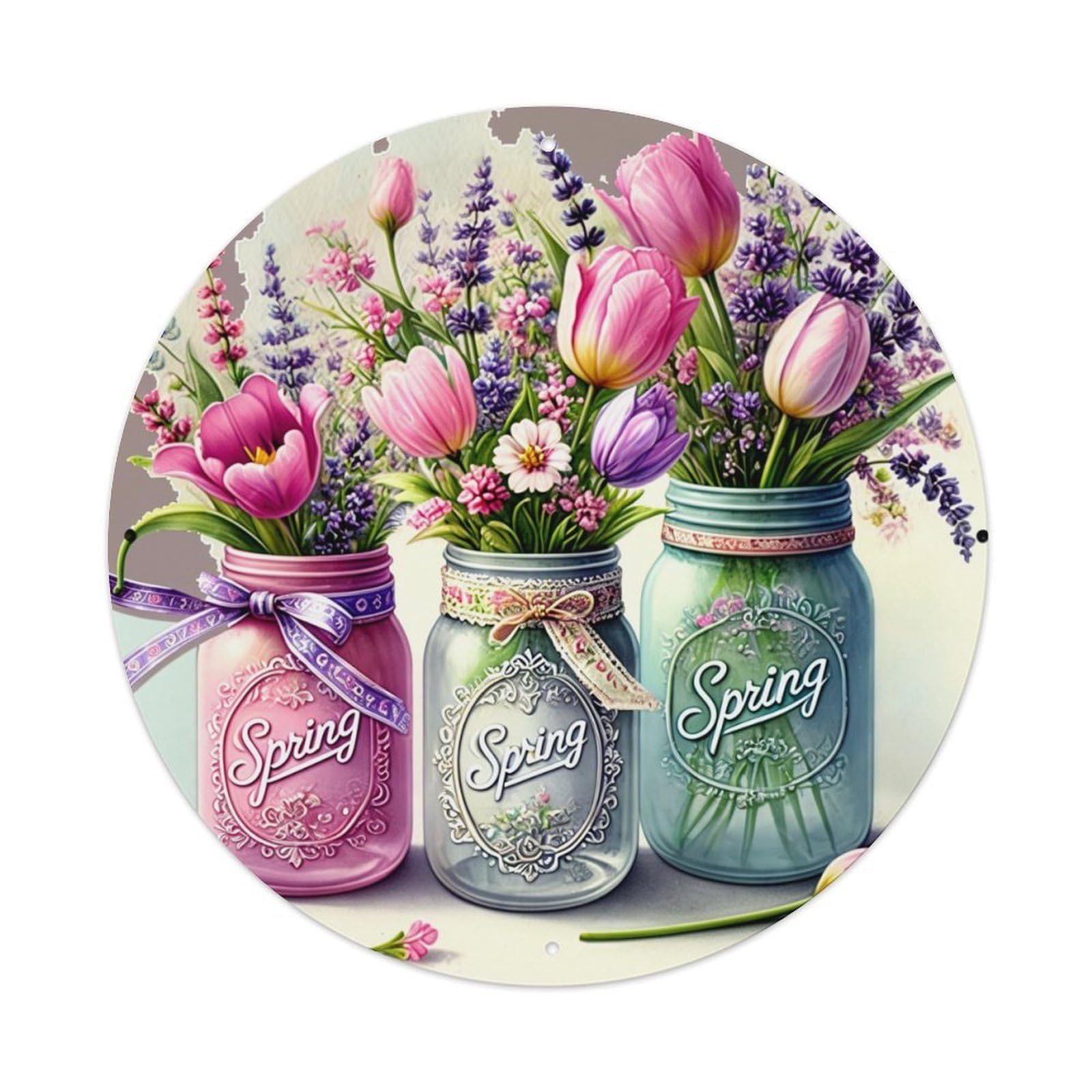 Spring Flowers In Jars Pattern Vintage Round Tin Sign Retro Metal Wall Decor Metal Poster, Home Bar Garage Cafe Wall Art Decoration 8x8Inches