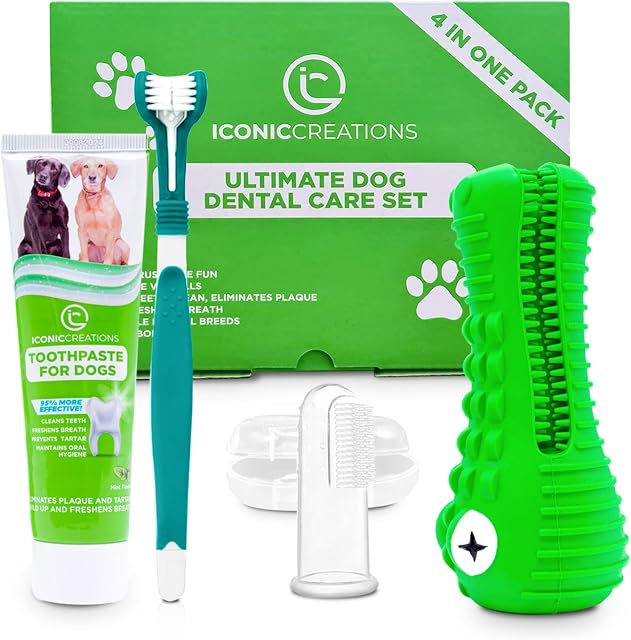 UK Brand 4 in 1 Dog Toothbrush and Toothpaste Set | 3 Sided Advanced Cleaning Dog Toothbrush | Dog Toothpaste | Dog Chew Toy & Cleaning Brush | Finger Brush | Great for chewers and Dental Health