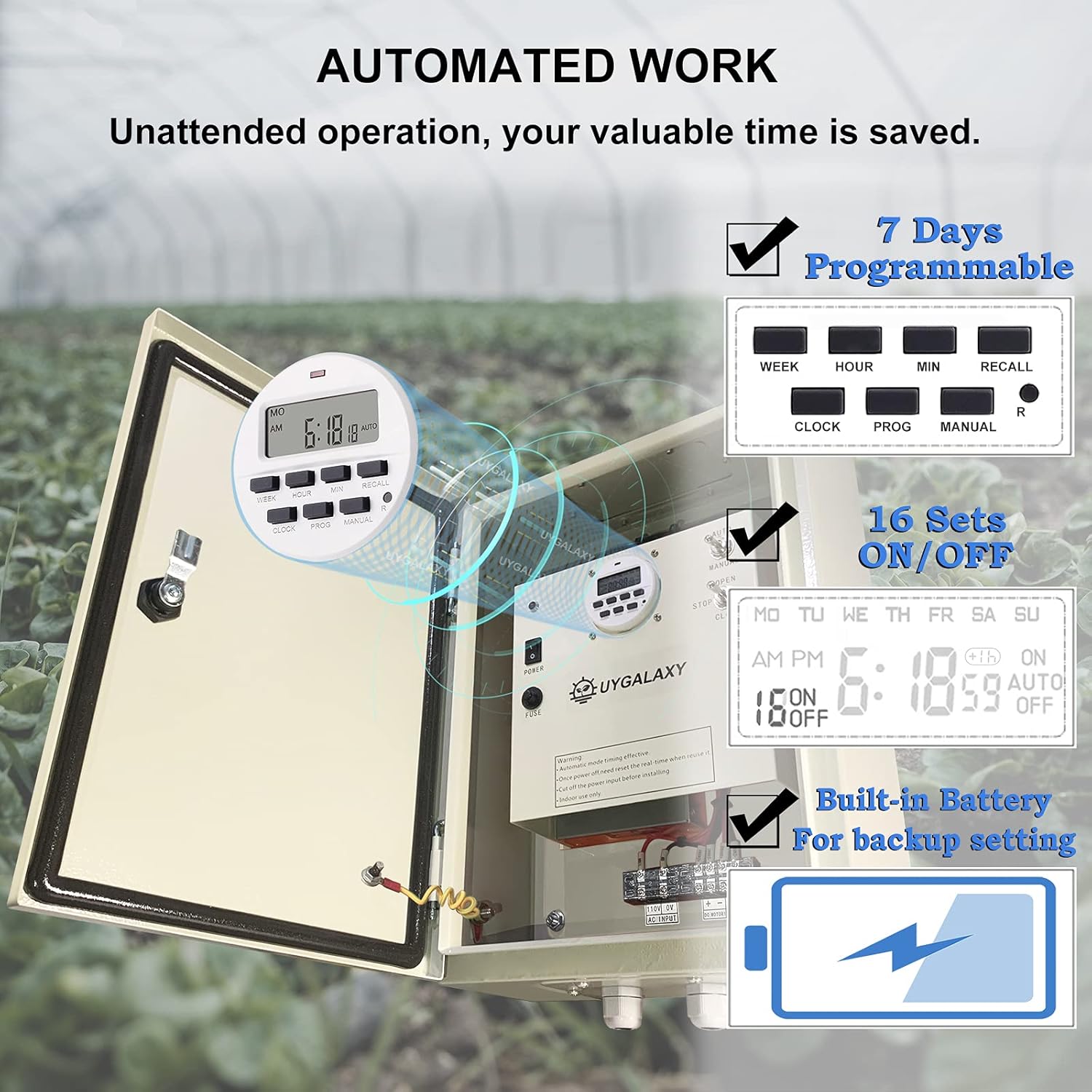 UYGALAXY Side Roll up Motor System, 2 Packs 24V Electric Greenhouse Film Roll Up Motors + 2 Packs Creeper + Transformer Timer Controller Joint Box (AC110V to DC24V) for Automatic Greenhouses Venting