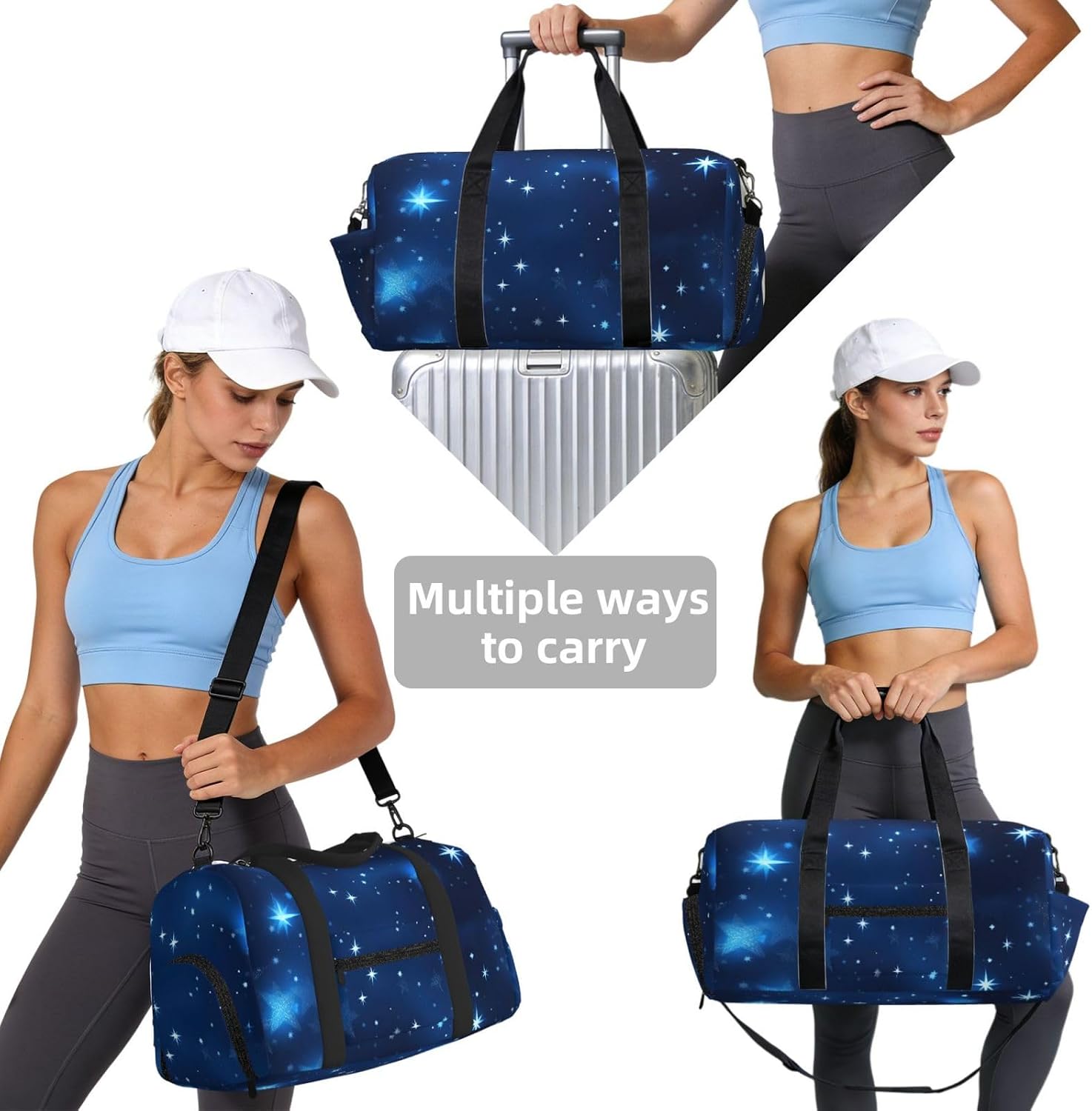 Blue Shining Stars Pattern Print Handheld Sports Luggage Unisex Crossbody Bag Travel Weekend Fitness Workout image 4