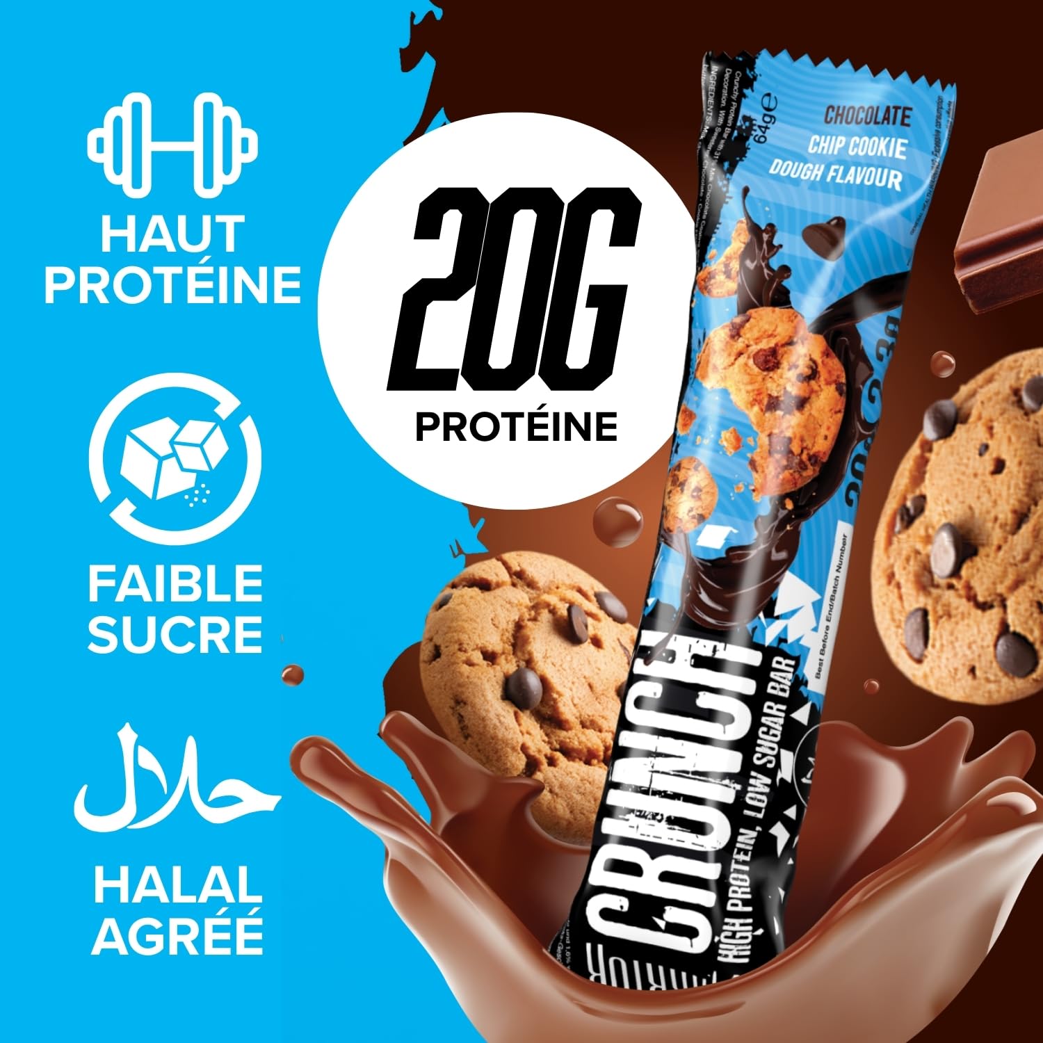 Barres hyperprotéinées Warrior Crunch 20 g - Barre à faible teneur en sucre et en glucides - paquet de 12 x 64 g - incroyablement savoureuse - garantie halal (Pâte à cookies aux pépites de chocolat)