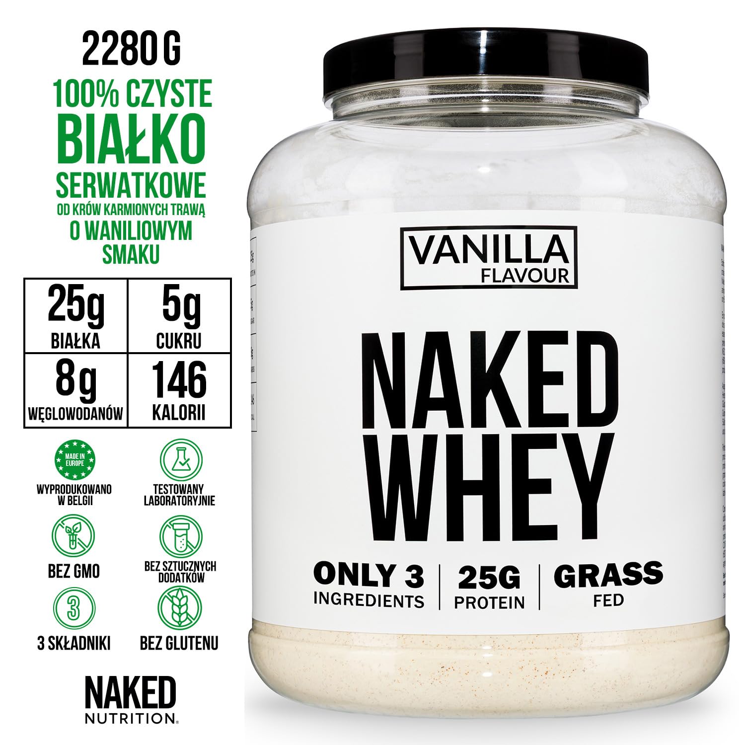 Naked Whey - Suplement diety w postaci proszku zawierający białko serwatkowe, o smaku waniliowym, bez GMO, bez soi, bez glutenu, wspomagający wzrost i regenerację mięśni, 2280 g