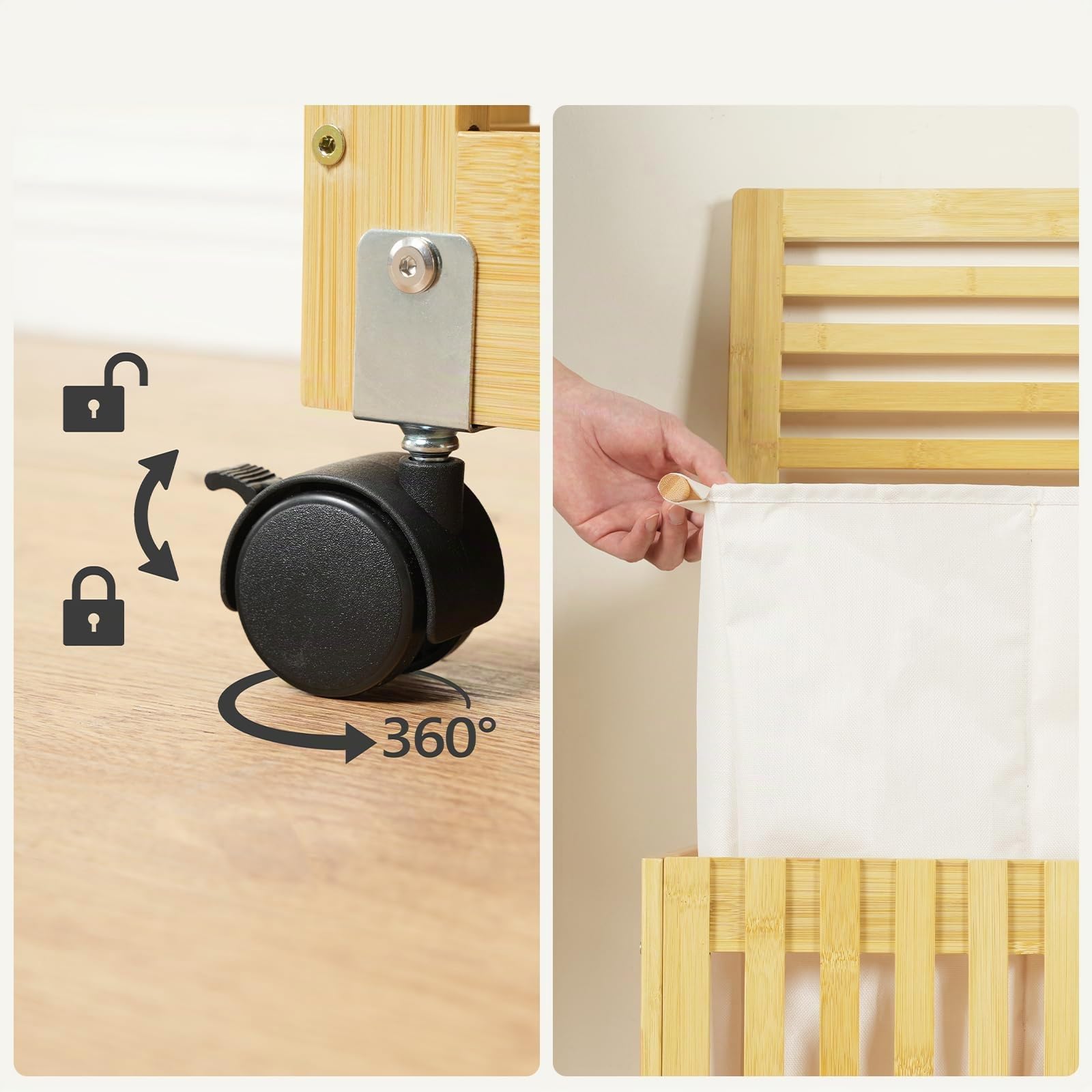 HOOBRO Cesto para Ropa Sucia de Bambú, Volumen 120 L, con Tapa y Asas, Cesta de Lavandería, Cesto para la Colada con Ruedas, Doble Compartimento con Bolsa Extraíble, Baño, Lavadero, Natural EYL60XY01