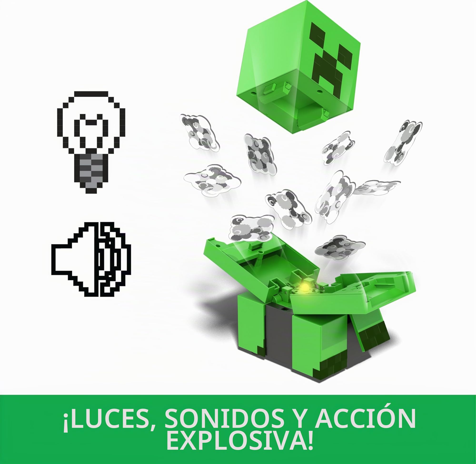 Mattel Minecraft Creeper explosivo, Figura de acción teledirigida con luces y sonidos y 10 piezas de explosión que se lanzan por el aire, juguete regalo para niños y niñas +6 años, HRR48
